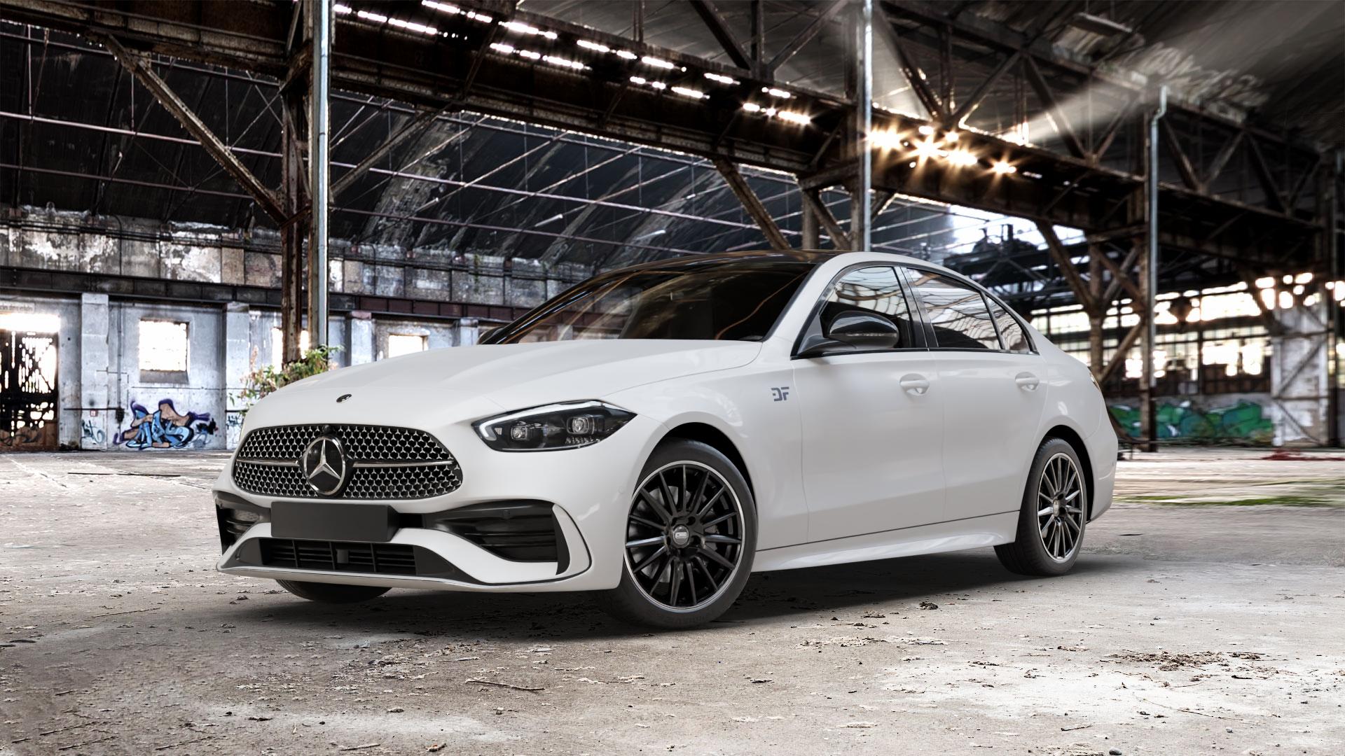 CMS C23 Diamond Rim Black Felge mit Reifen silber schwarz in 18Zoll Winterfelge Alufelge auf weissem Mercedes C-Klasse Typ W206 Limousine ⬇️ mit 15mm Tieferlegung ⬇️ Old Industrial Hall_max_5300mm_2024 Frontansicht_1
