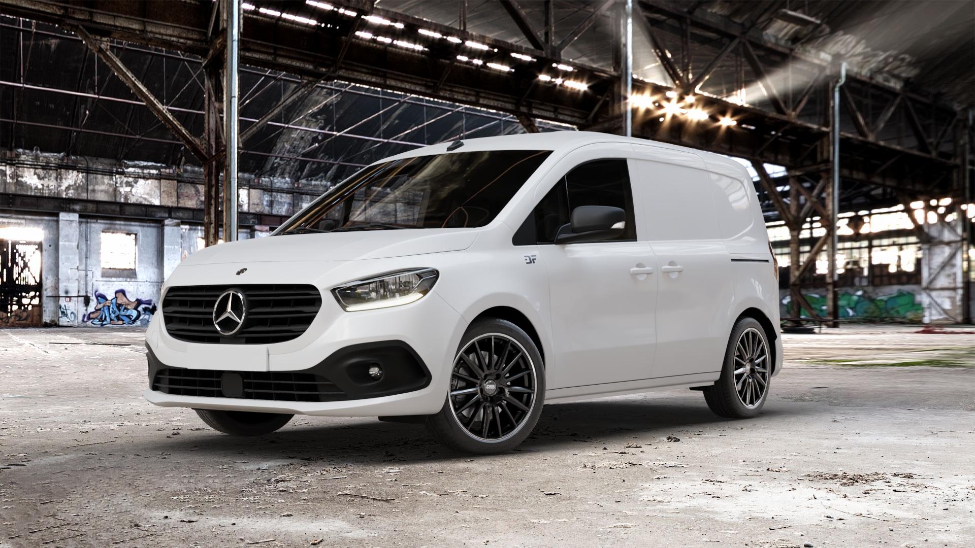 CMS C23 Diamond Rim Black Felge mit Reifen silber schwarz in 18Zoll Winterfelge Alufelge auf weissem Mercedes Citan Kasten Typ W420 ⬇️ mit 15mm Tieferlegung ⬇️ Old Industrial Hall_max_5300mm_2024 Frontansicht_1
