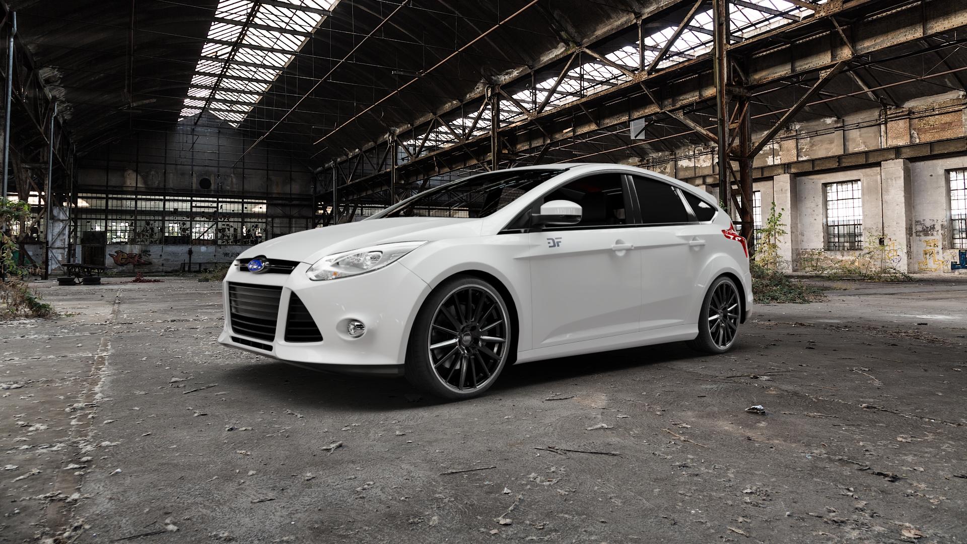 CMS C23 Diamond Rim Black Felge mit Reifen silber schwarz in 19Zoll Winterfelge Alufelge auf weissem Ford Focus III Typ DYB (Schrägheck) (Stufenheck) Facelift ⬇️ mit 15mm Tieferlegung ⬇️ Old Industrial Hall_max5000mm_2022 Frontansicht_1