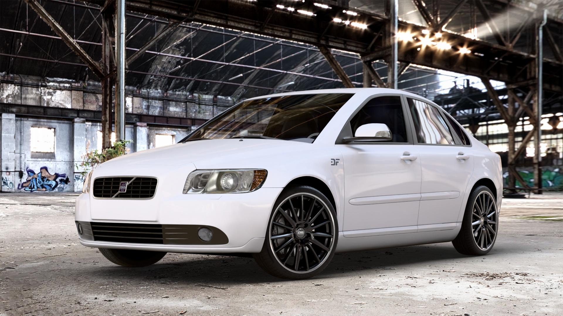 CMS C23 Diamond Rim Black Felge mit Reifen silber schwarz in 19Zoll Winterfelge Alufelge auf weissem Volvo S40 II Typ M ⬇️ mit 15mm Tieferlegung ⬇️ Old Industrial Hall_max_4400mm_2024 Frontansicht_1