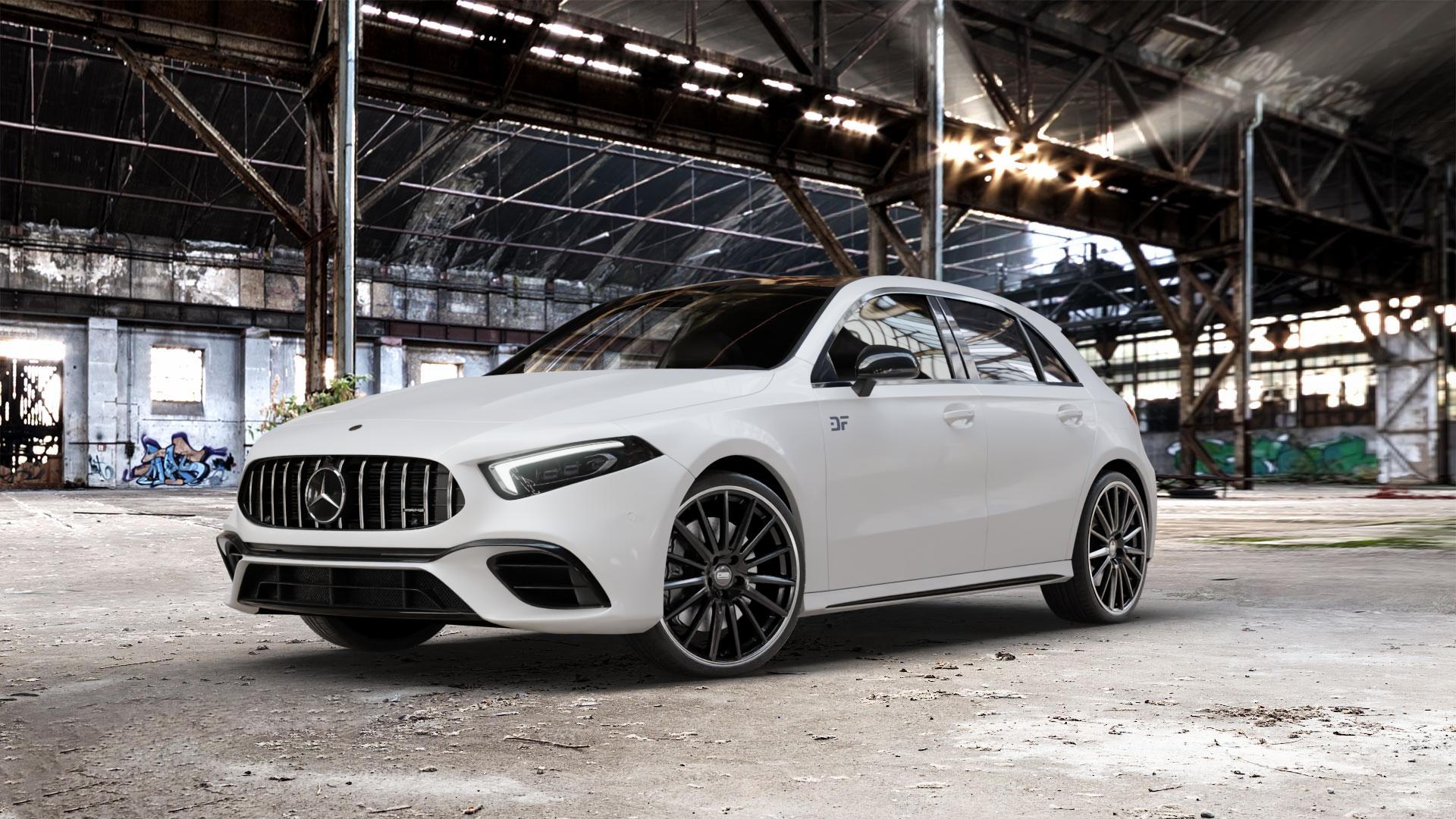 CMS C23 Diamond Rim Black Felge mit Reifen silber schwarz in 20Zoll Winterfelge Alufelge auf weissem Mercedes A-Klasse IV Typ 177 (F2A) Schrägheck 2,0l AMG A 35 4Matic 225kW (306 PS) 45 285kW (387 S 310kW (421 Facelift Mild-Hybrid ⬇️ mit 15mm Tieferlegung ⬇️ Old Industrial Hall_max_5300mm_2024 Frontansicht_1