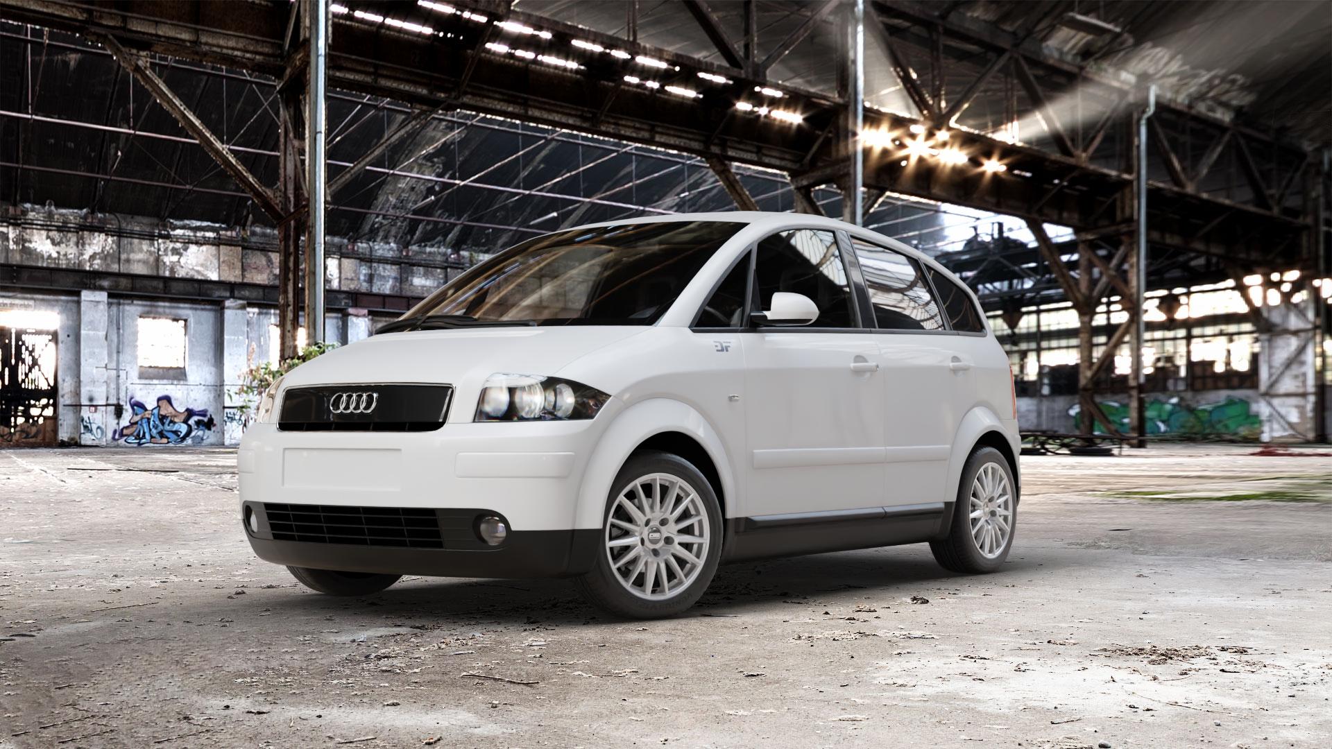 CMS C23 Racing Silver Felge mit Reifen silber in 15Zoll Winterfelge Alufelge auf weissem Audi A2 ⬇️ mit 15mm Tieferlegung ⬇️ Old Industrial Hall_max_5300mm_2024 Frontansicht_1