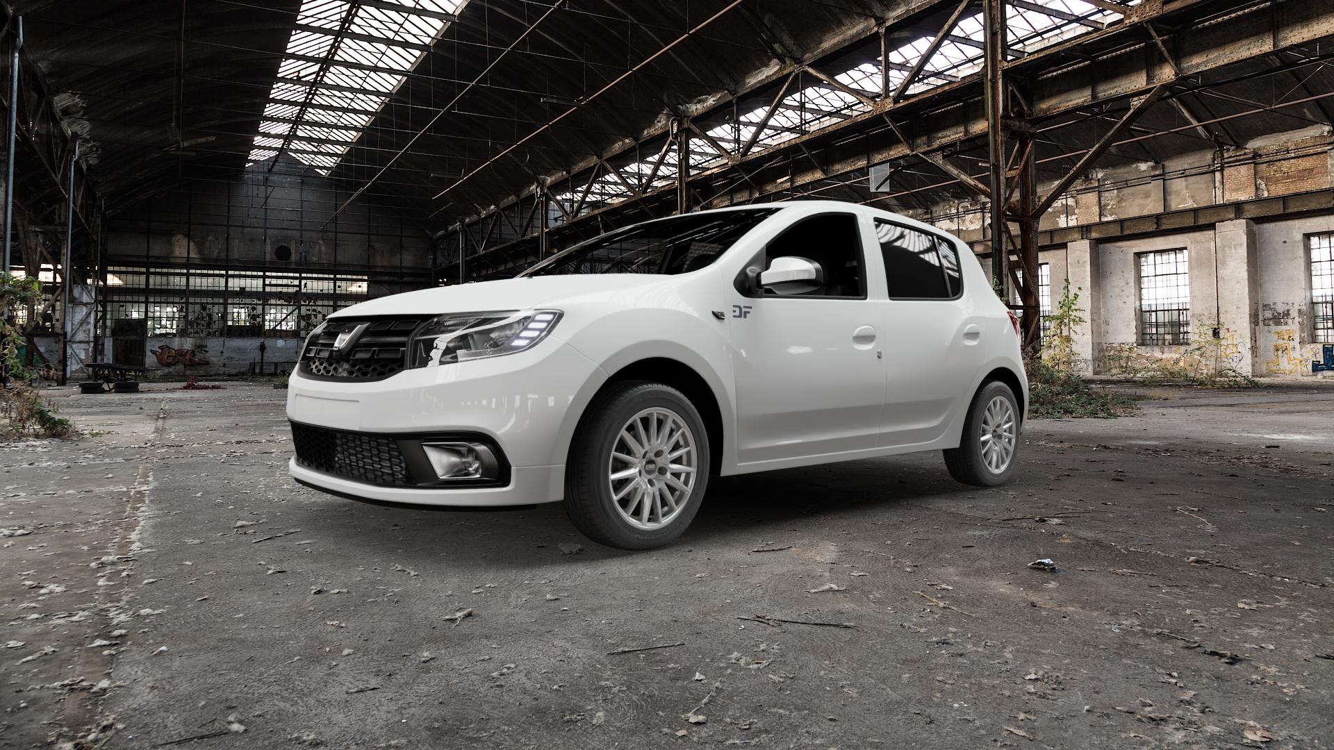 CMS C23 Racing Silver Felge mit Reifen silber in 15Zoll Winterfelge Alufelge auf weissem Dacia Sandero II Typ SD Facelift ⬇️ mit 15mm Tieferlegung ⬇️ Old Industrial Hall_max5000mm_2022 Frontansicht_1