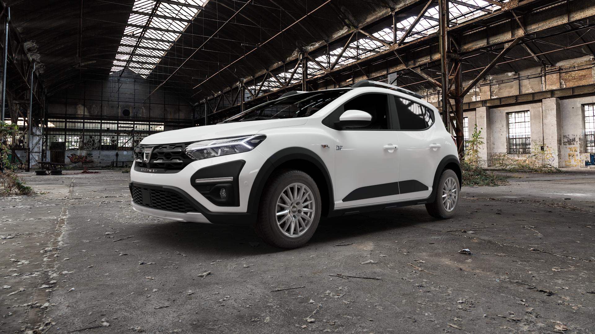 CMS C23 Racing Silver Felge mit Reifen silber in 15Zoll Winterfelge Alufelge auf weissem Dacia Sandero Stepway III Typ DJF ⬇️ mit 15mm Tieferlegung ⬇️ Old Industrial Hall_max5000mm_2022 Frontansicht_1