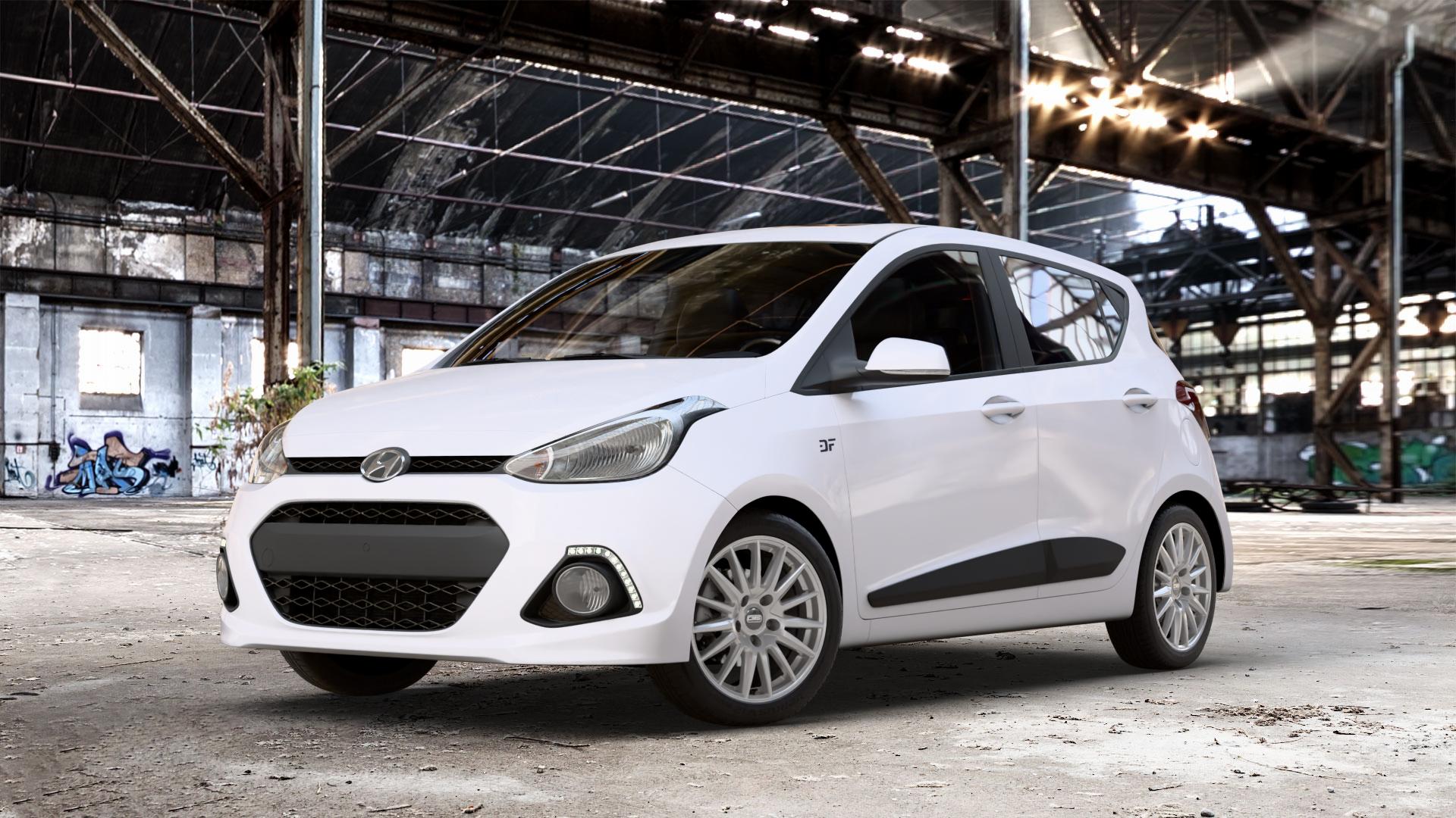CMS C23 Racing Silver Felge mit Reifen silber in 15Zoll Winterfelge Alufelge auf weissem Hyundai i10 Typ IA ⬇️ mit 15mm Tieferlegung ⬇️ Old Industrial Hall_max_4400mm_2024 Frontansicht_1