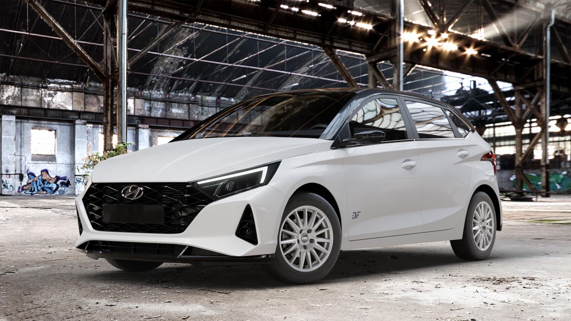 CMS C23 Racing Silver Felge mit Reifen silber in 15Zoll Winterfelge Alufelge auf weissem Hyundai i20 Typ BC3 ⬇️ mit 15mm Tieferlegung ⬇️ Old Industrial Hall_max_4400mm_2024 Frontansicht_1