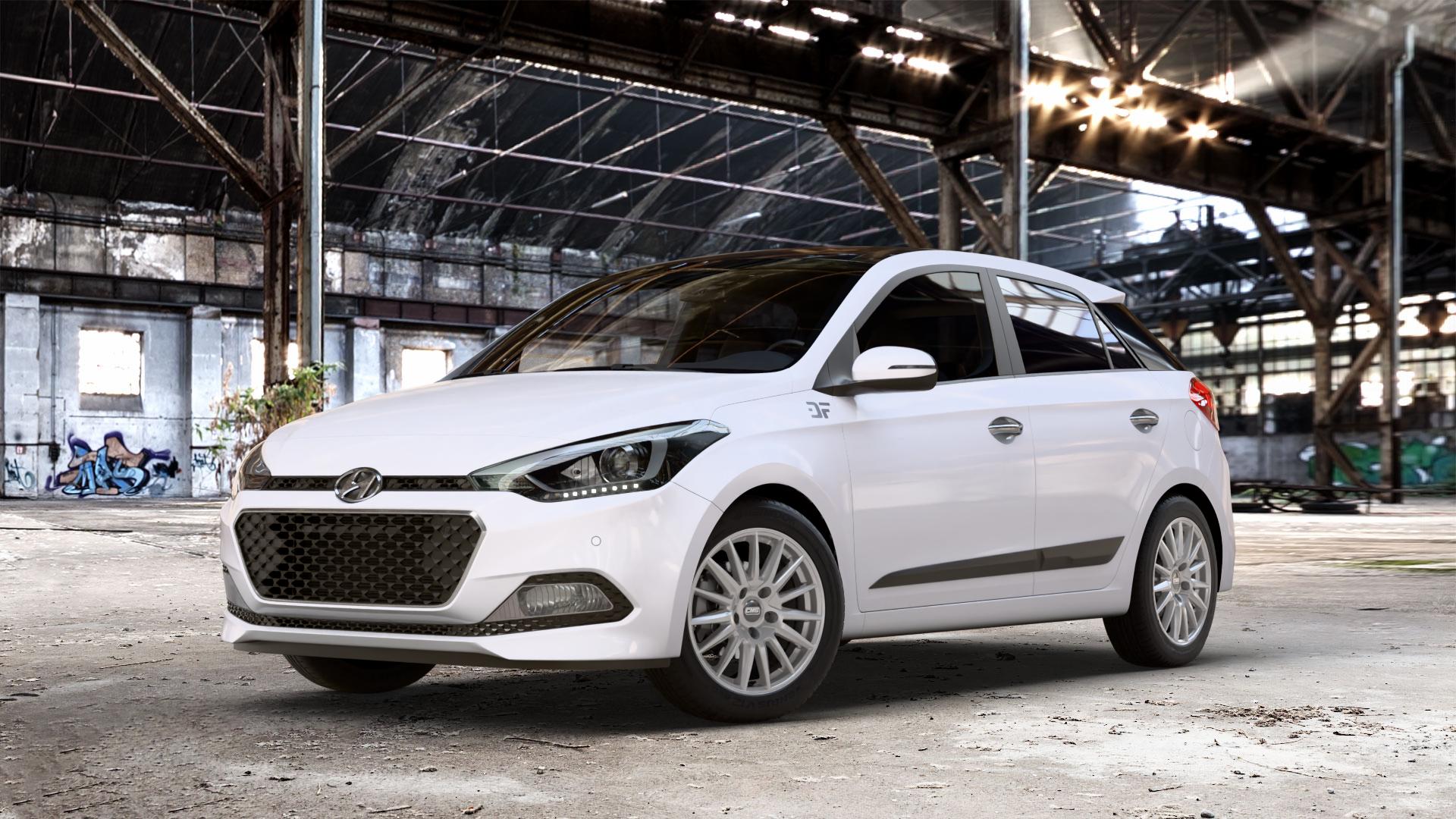 CMS C23 Racing Silver Felge mit Reifen silber in 15Zoll Winterfelge Alufelge auf weissem Hyundai i20 Typ GB Coupe Facelift ⬇️ mit 15mm Tieferlegung ⬇️ Old Industrial Hall_max_4400mm_2024 Frontansicht_1