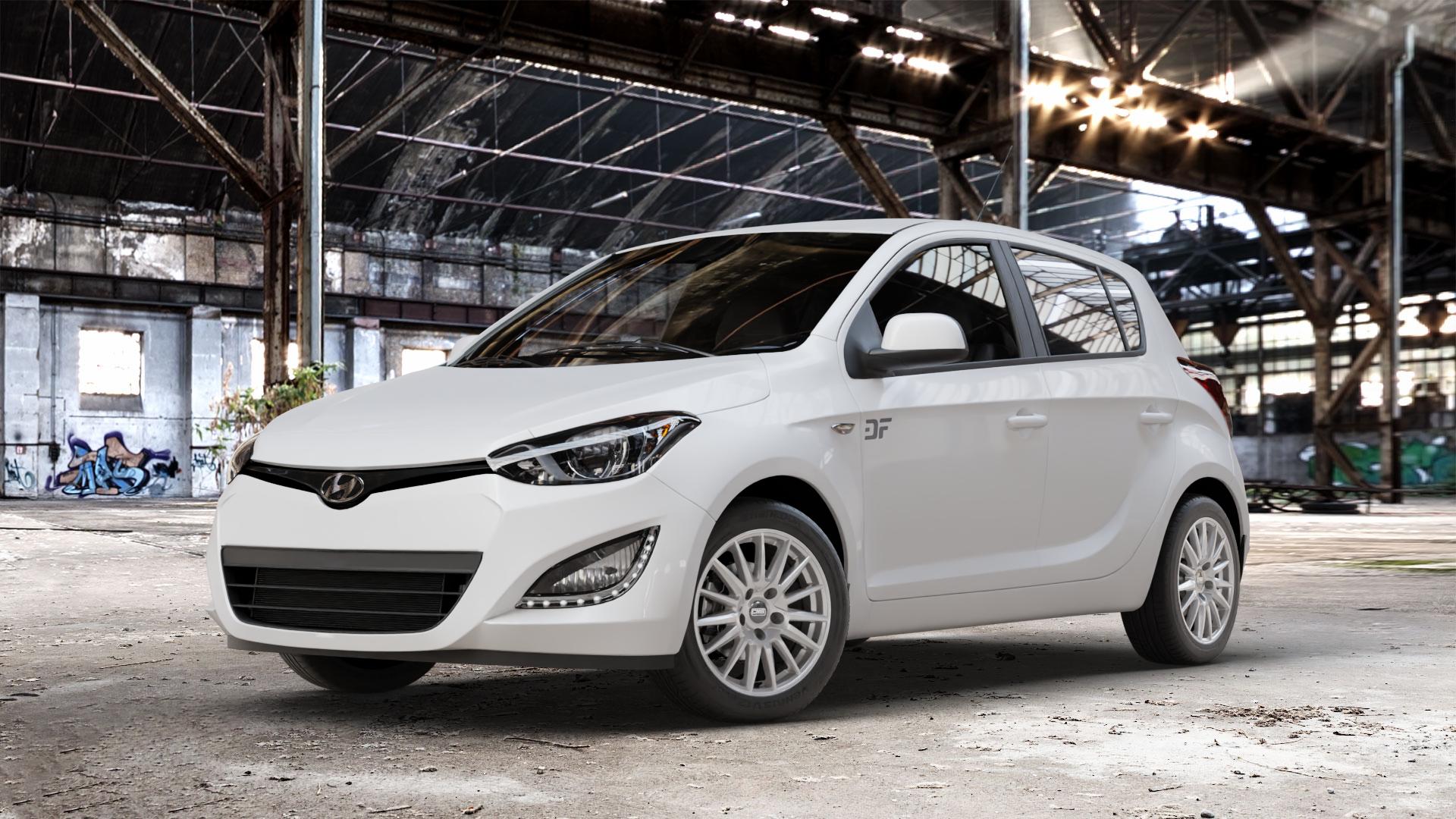CMS C23 Racing Silver Felge mit Reifen silber in 15Zoll Winterfelge Alufelge auf weissem Hyundai i20 Typ PB, PBT Facelift (12->) ⬇️ mit 15mm Tieferlegung ⬇️ Old Industrial Hall_max_4400mm_2024 Frontansicht_1
