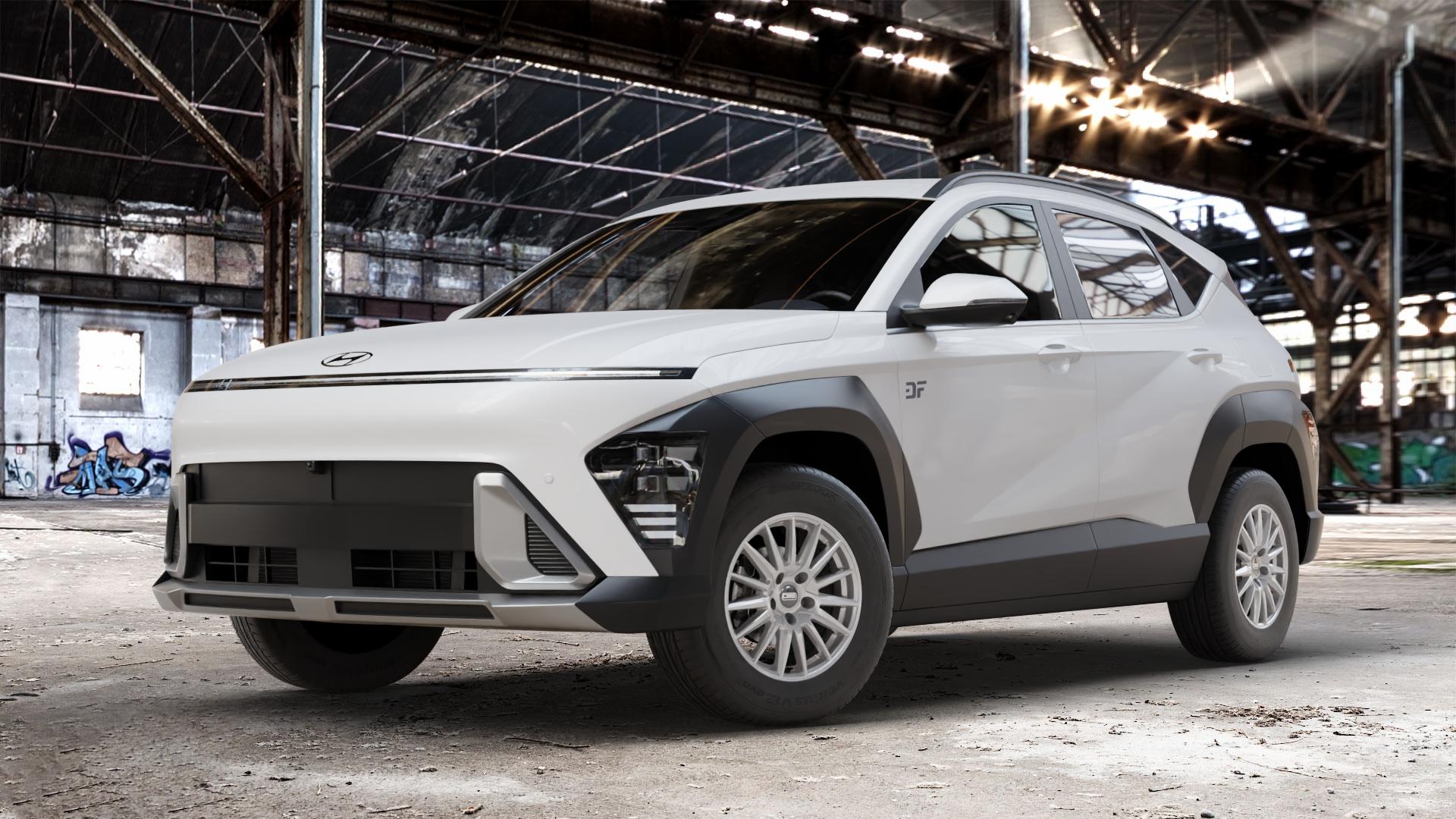 CMS C23 Racing Silver Felge mit Reifen silber in 15Zoll Winterfelge Alufelge auf weissem Hyundai Kona Typ SX2 ⬇️ mit 15mm Tieferlegung ⬇️ Old Industrial Hall_max_4400mm_2024 Frontansicht_1