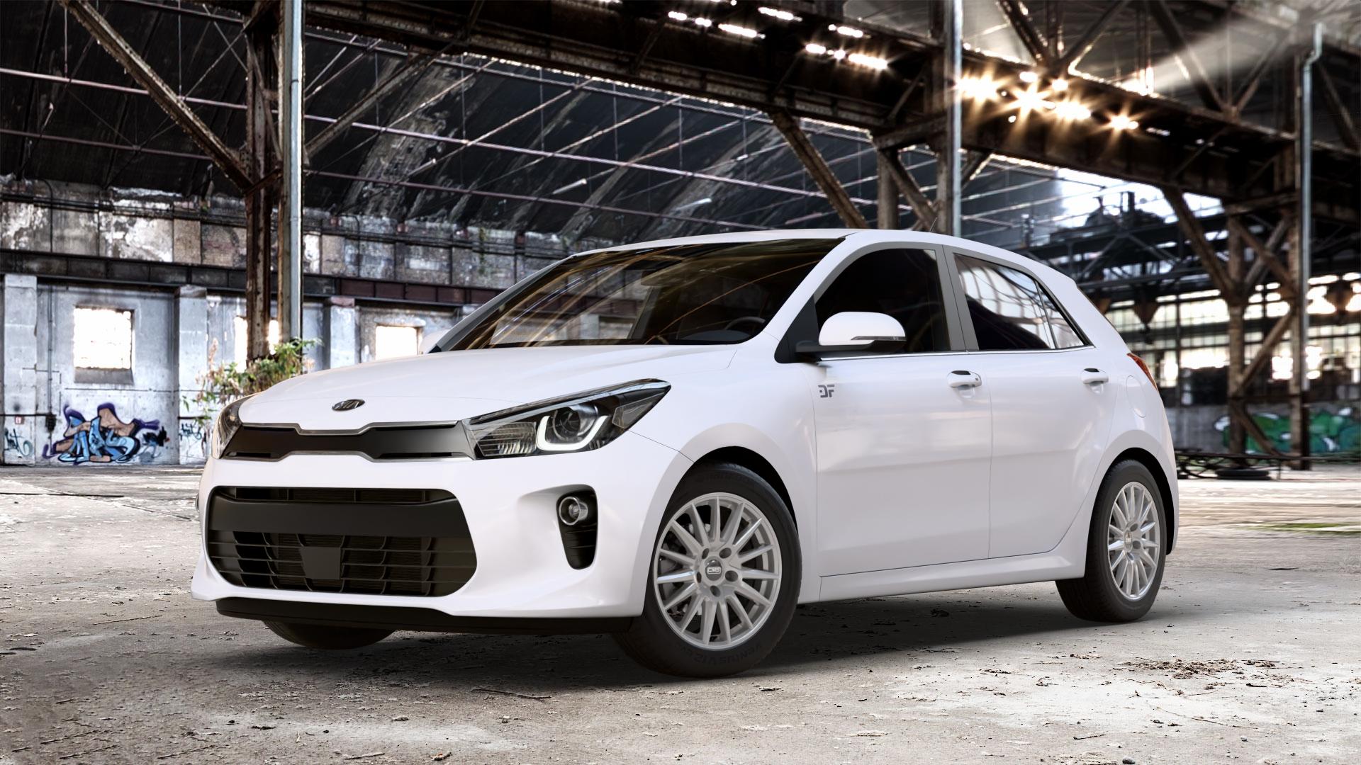 CMS C23 Racing Silver Felge mit Reifen silber in 15Zoll Winterfelge Alufelge auf weissem Kia Rio IV Typ YB Facelift ⬇️ mit 15mm Tieferlegung ⬇️ Old Industrial Hall_max_4400mm_2024 Frontansicht_1