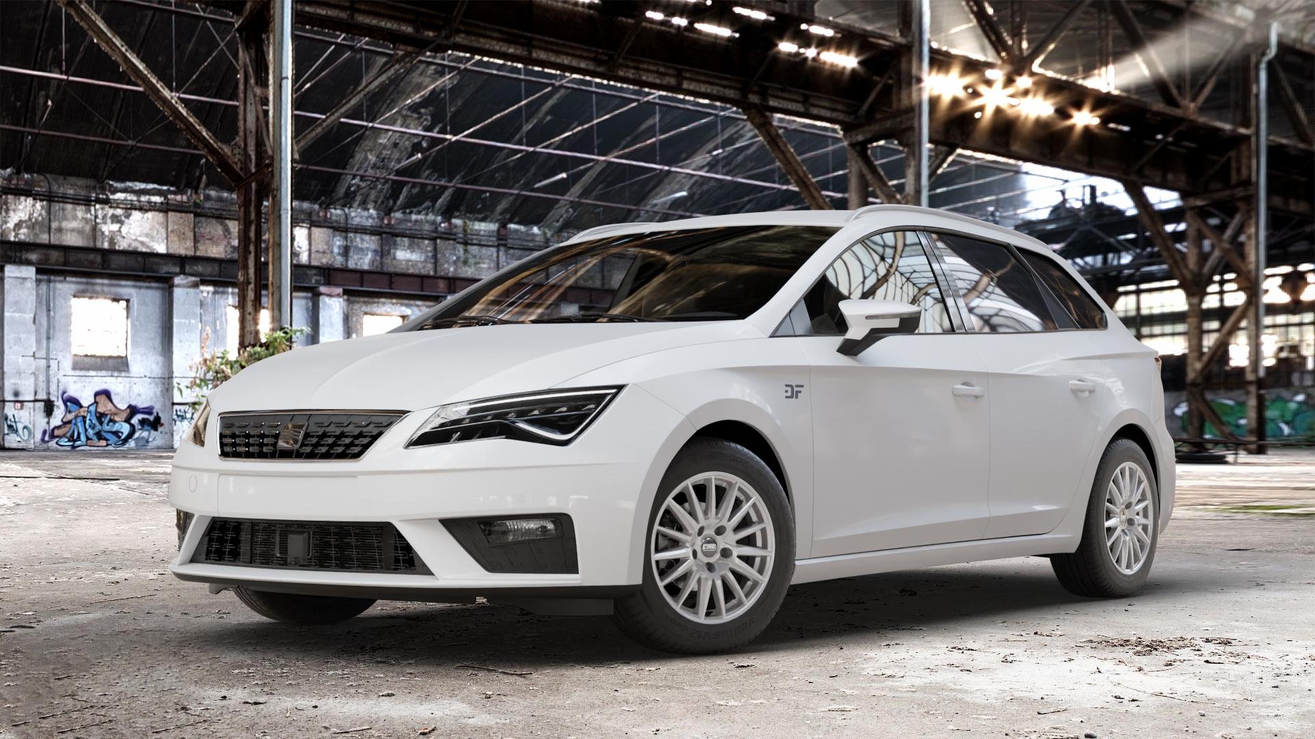 CMS C23 Racing Silver Felge mit Reifen silber in 15Zoll Winterfelge Alufelge auf weissem Seat Leon Typ 5F ST Facelift ⬇️ mit 15mm Tieferlegung ⬇️ Old Industrial Hall_max_4400mm_2024 Frontansicht_1