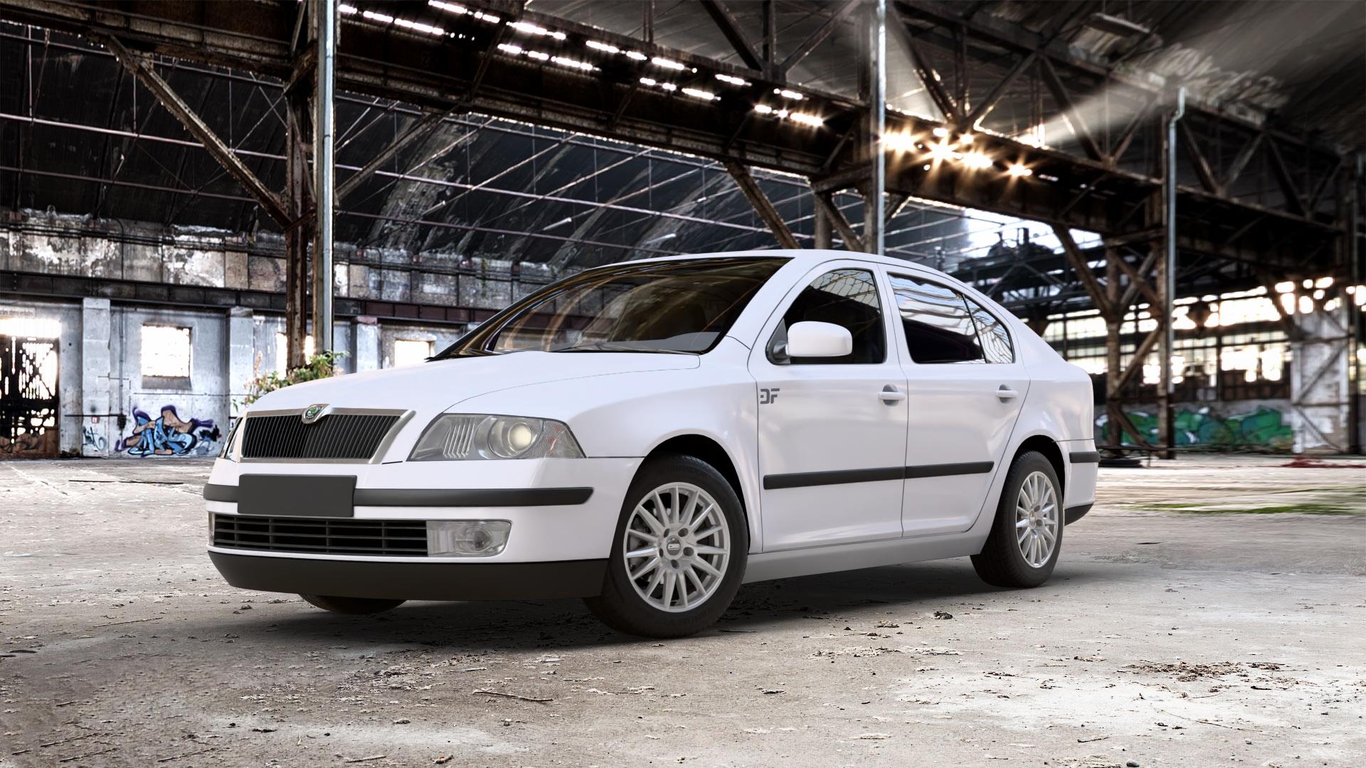 CMS C23 Racing Silver Felge mit Reifen silber in 15Zoll Winterfelge Alufelge auf weissem Skoda Octavia II Limousine Typ 1Z3 1,4l 55kW (75 PS) 59kW (80 1,6l 75kW (102 FSI 85kW (116 1,8l TSI 118kW (160 1,2l 77kW (105 90kW (122 TDI I 1U2 ⬇️ mit 15mm Tieferlegung ⬇️ Old Industrial Hall_max_5300mm_2024 Frontansicht_1