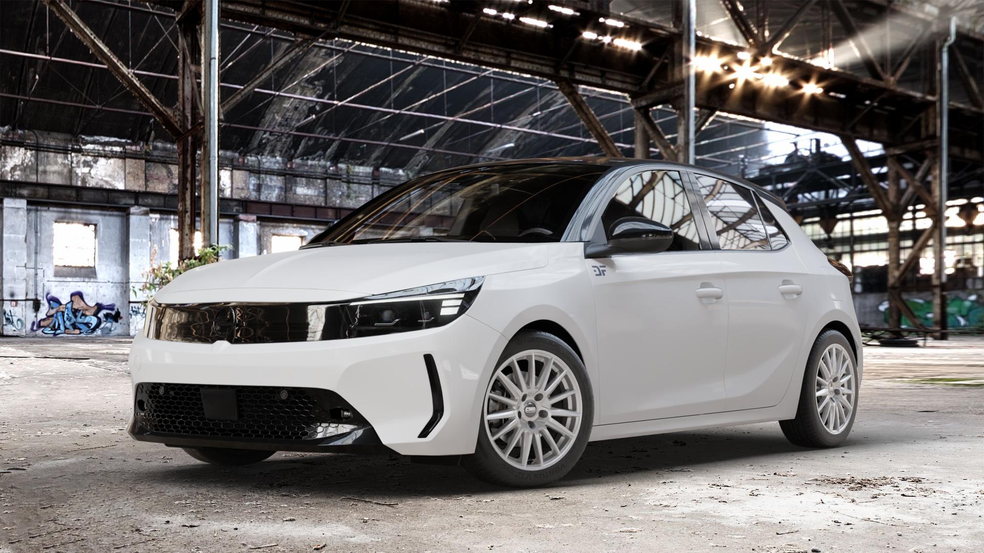 CMS C23 Racing Silver Felge mit Reifen silber in 16Zoll Winterfelge Alufelge auf weissem Opel Corsa F Typ U Facelift 1,2l 55kW (75 PS) Turbo 74kW (101 96kW (131 1,5l D 75kW (102 ⬇️ mit 15mm Tieferlegung ⬇️ Old Industrial Hall_max_4400mm_2024 Frontansicht_1