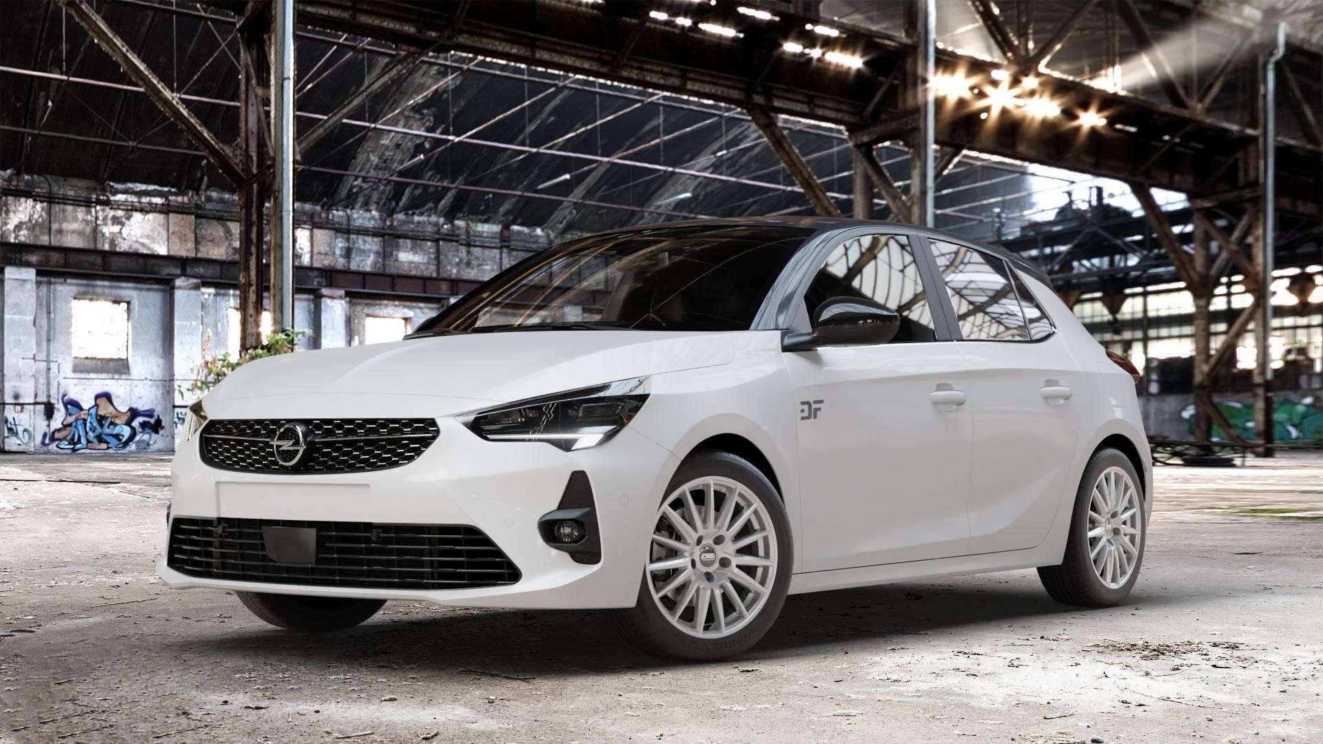 CMS C23 Racing Silver Felge mit Reifen silber in 16Zoll Winterfelge Alufelge auf weissem Opel Corsa F Typ U ⬇️ mit 15mm Tieferlegung ⬇️ Old Industrial Hall_max_4400mm_2024 Frontansicht_1