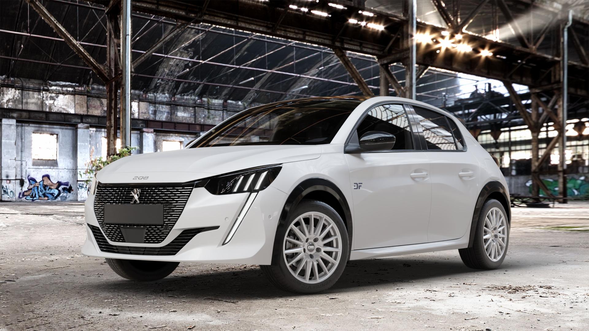 CMS C23 Racing Silver Felge mit Reifen silber in 16Zoll Winterfelge Alufelge auf weissem Peugeot 208 Typ U ⬇️ mit 15mm Tieferlegung ⬇️ Old Industrial Hall_max_4400mm_2024 Frontansicht_1