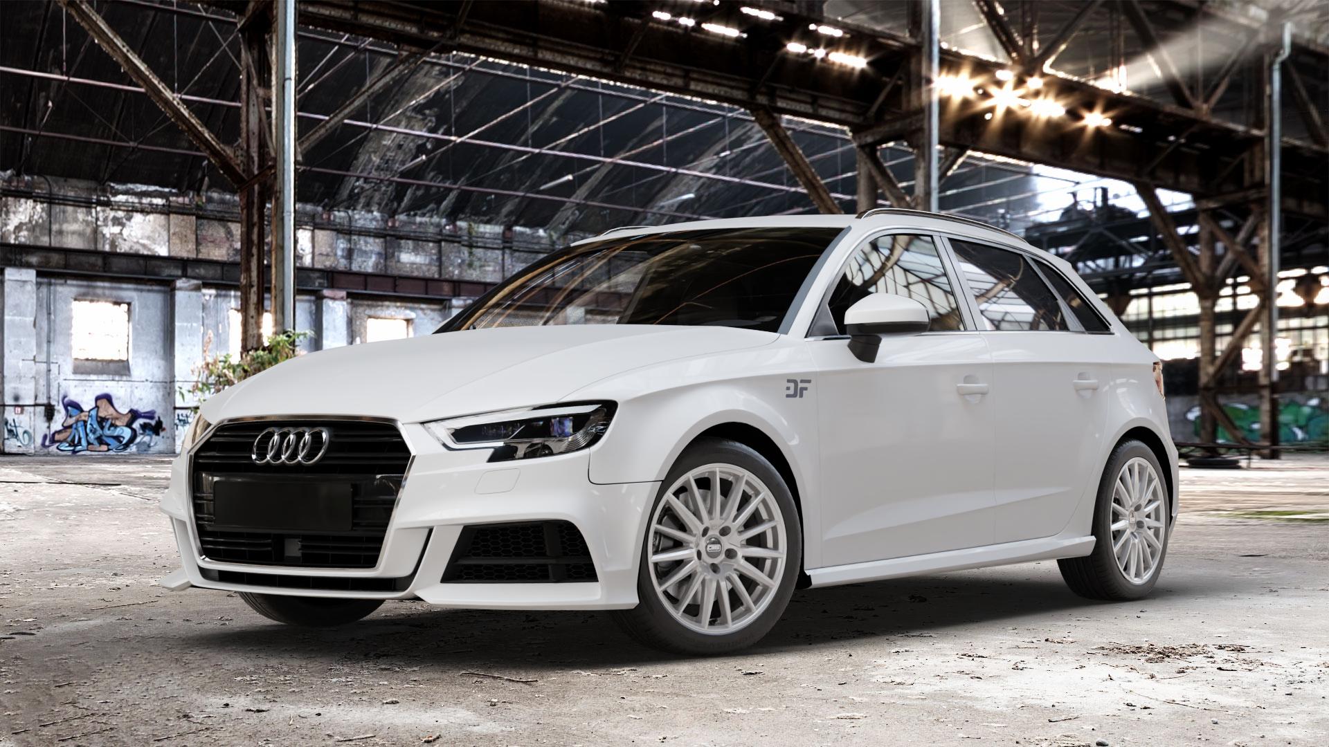 CMS C23 Racing Silver Felge mit Reifen silber in 17Zoll Winterfelge Alufelge auf weissem Audi A3 Typ 8V (Sportback) Facelift ⬇️ mit 15mm Tieferlegung ⬇️ Old Industrial Hall_max_4400mm_2024 Frontansicht_1