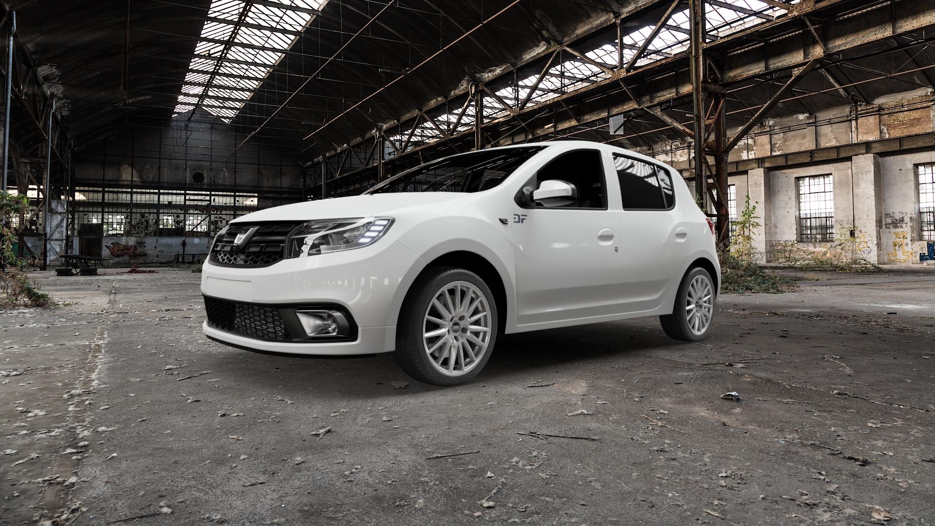 CMS C23 Racing Silver Felge mit Reifen silber in 17Zoll Winterfelge Alufelge auf weissem Dacia Sandero II Typ SD Facelift ⬇️ mit 15mm Tieferlegung ⬇️ Old Industrial Hall_max5000mm_2022 Frontansicht_1