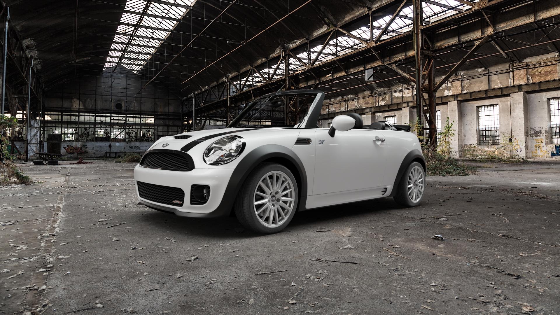 CMS C23 Racing Silver Felge mit Reifen silber in 17Zoll Winterfelge Alufelge auf weissem Mini R57 Typ UKL-C (Cabriolet) 1,6l JCW 155kW (211 PS) MINI-N ⬇️ mit 15mm Tieferlegung ⬇️ Old Industrial Hall_max5000mm_2022 Frontansicht_1