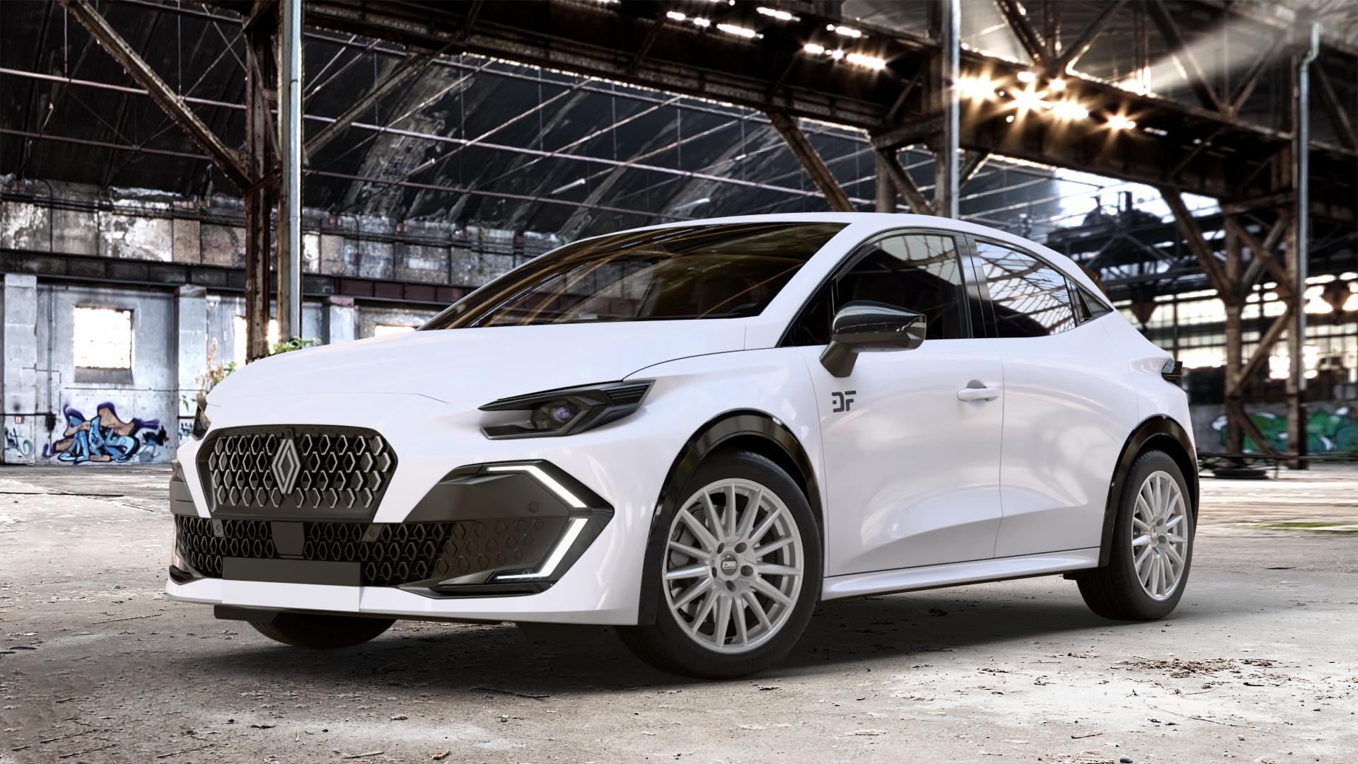 CMS C23 Racing Silver Felge mit Reifen silber in 17Zoll Winterfelge Alufelge auf weissem Renault Clio VI Typ R03 ⬇️ mit 15mm Tieferlegung ⬇️ Old Industrial Hall_max_4400mm_2024 Frontansicht_1