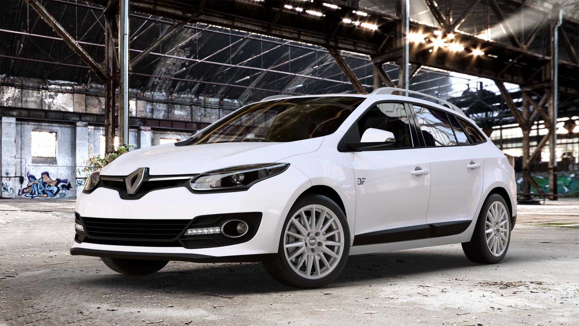 CMS C23 Racing Silver Felge mit Reifen silber in 17Zoll Winterfelge Alufelge auf weissem Renault Megane III Grandtour Typ Z ⬇️ mit 15mm Tieferlegung ⬇️ Old Industrial Hall_max_4400mm_2024 Frontansicht_1