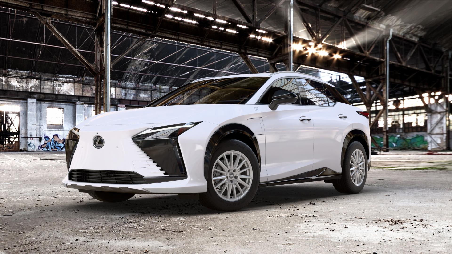 CMS C23 Racing Silver Felge mit Reifen silber in 18Zoll Winterfelge Alufelge auf weissem Lexus RZ Typ EBM1(M) ⬇️ mit 15mm Tieferlegung ⬇️ Old Industrial Hall_max_5300mm_2024 Frontansicht_1
