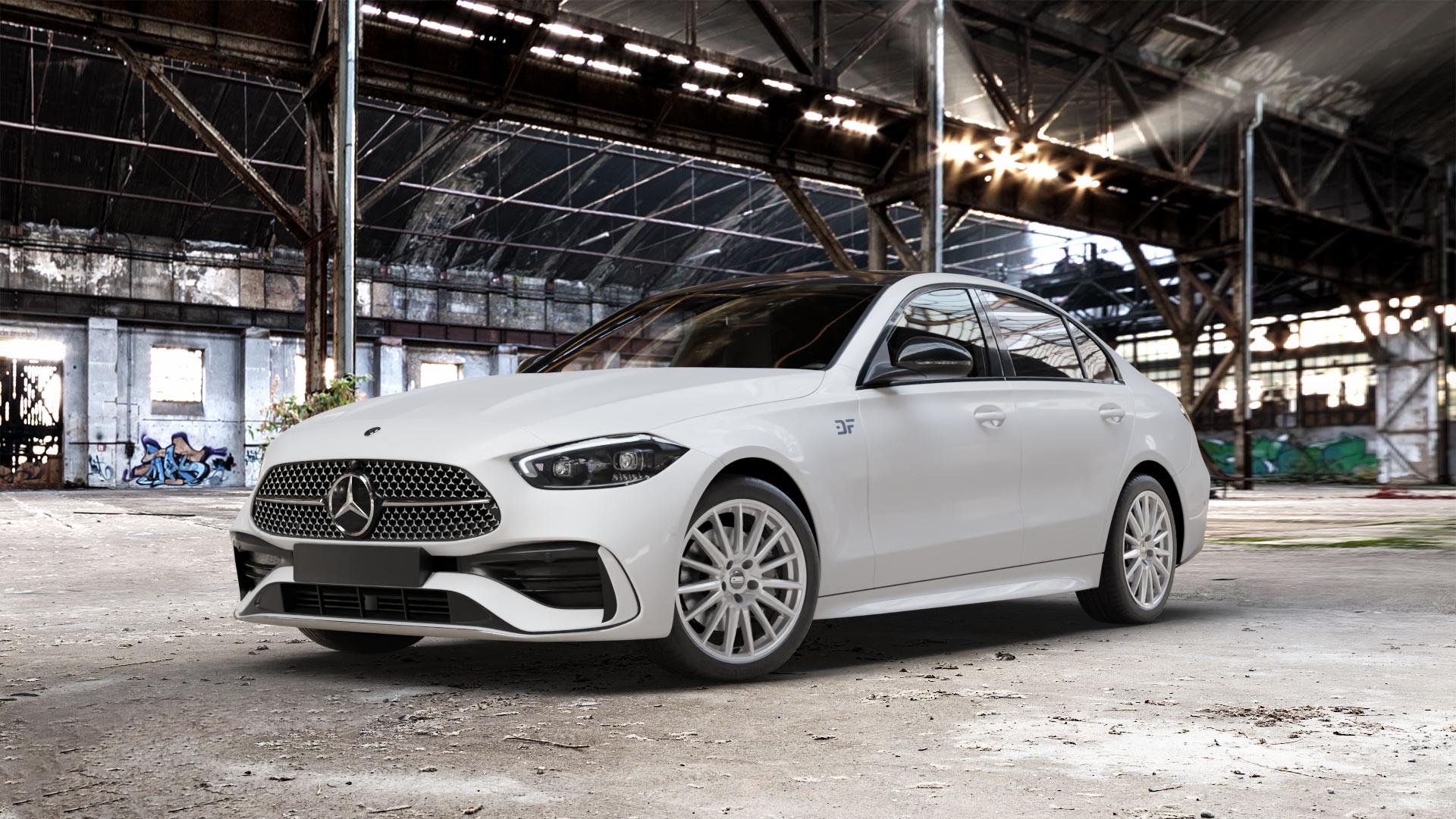 CMS C23 Racing Silver Felge mit Reifen silber in 18Zoll Winterfelge Alufelge auf weissem Mercedes C-Klasse Typ W206 Limousine ⬇️ mit 15mm Tieferlegung ⬇️ Old Industrial Hall_max_5300mm_2024 Frontansicht_1