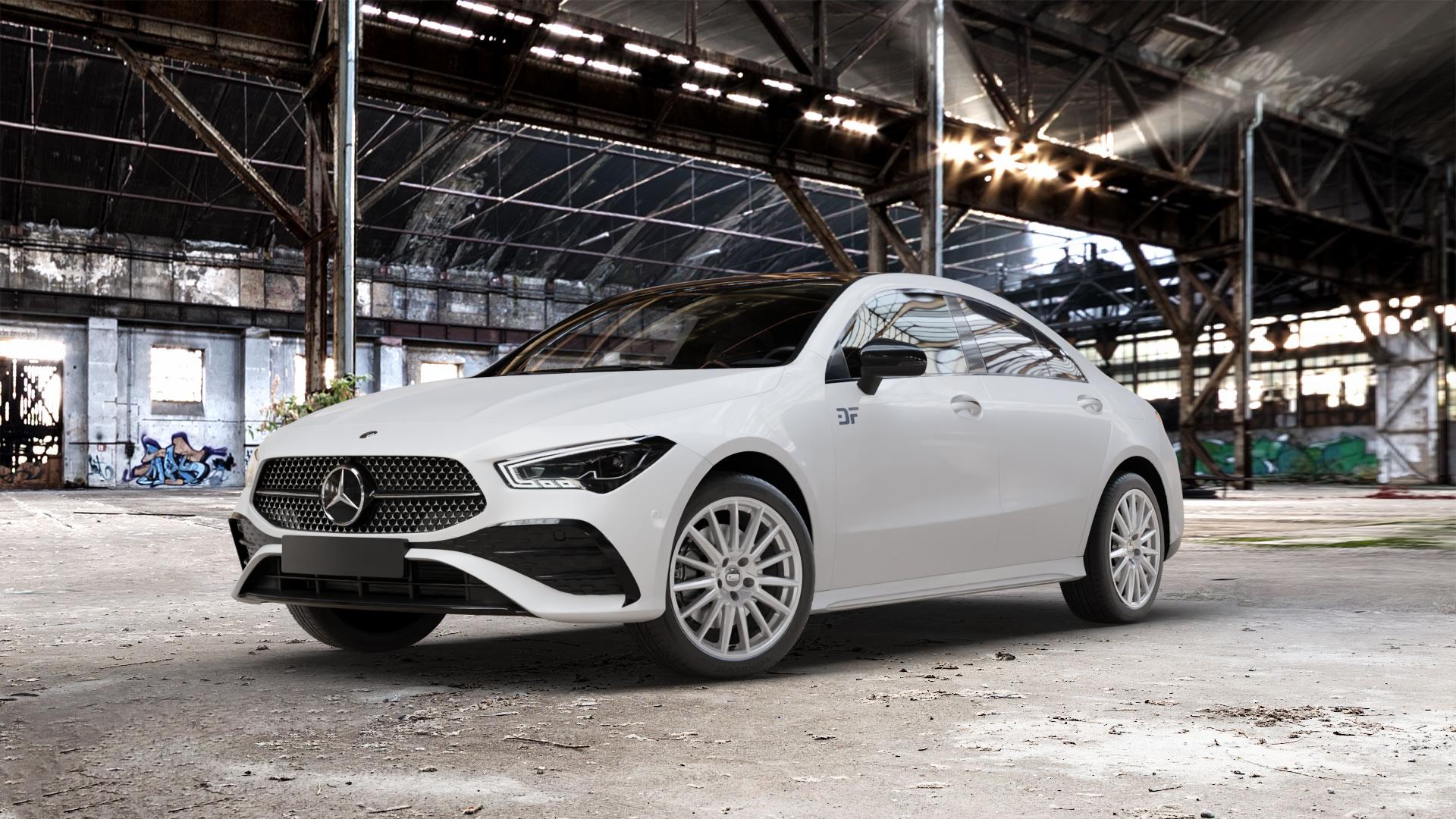 CMS C23 Racing Silver Felge mit Reifen silber in 18Zoll Winterfelge Alufelge auf weissem Mercedes CLA-Klasse II Typ C118 (F2CLA) Facelift ⬇️ mit 15mm Tieferlegung ⬇️ Old Industrial Hall_max_5300mm_2024 Frontansicht_1