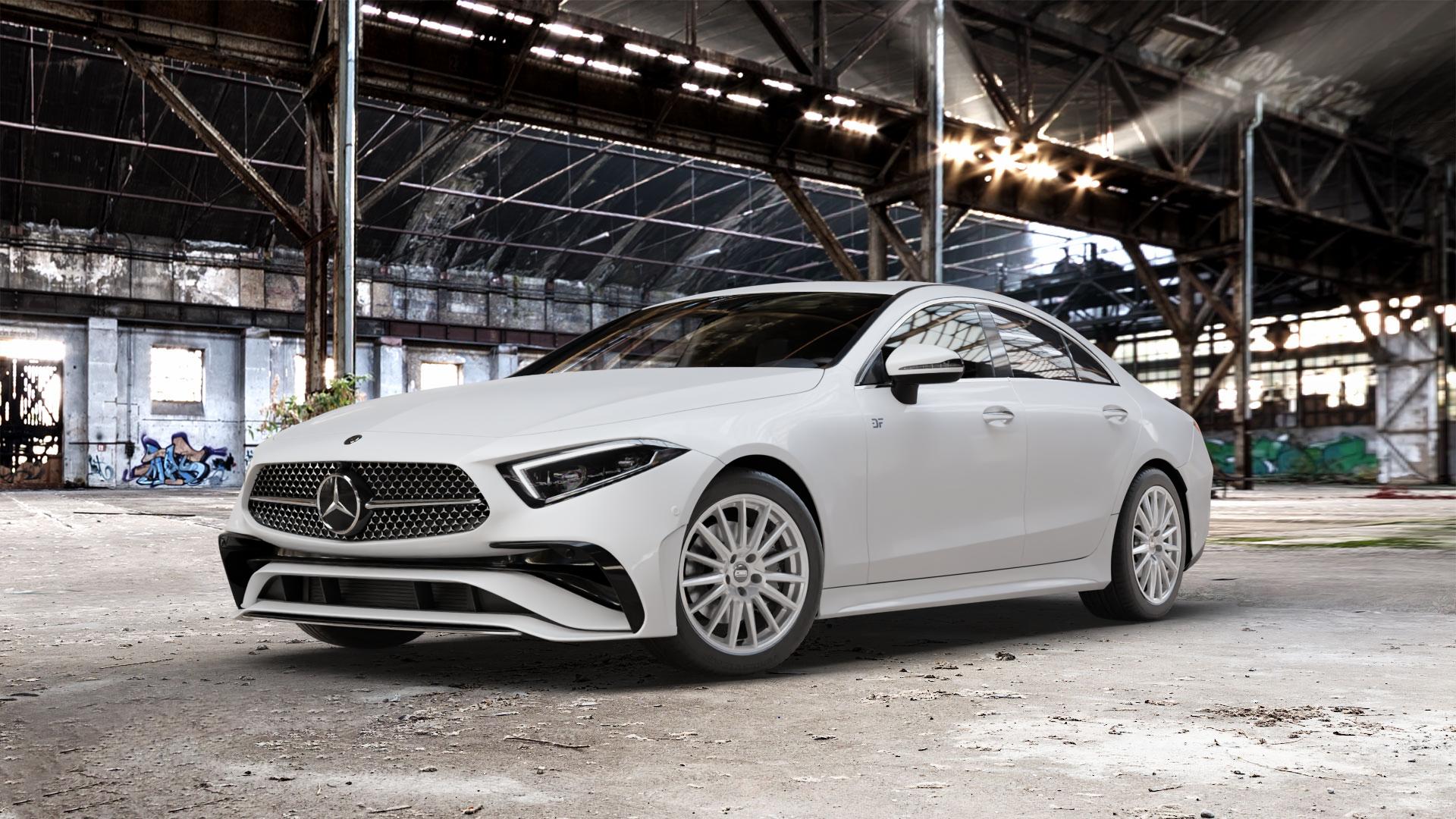 CMS C23 Racing Silver Felge mit Reifen silber in 18Zoll Winterfelge Alufelge auf weissem Mercedes CLS Typ C257 Facelift ⬇️ mit 15mm Tieferlegung ⬇️ Old Industrial Hall_max_5300mm_2024 Frontansicht_1