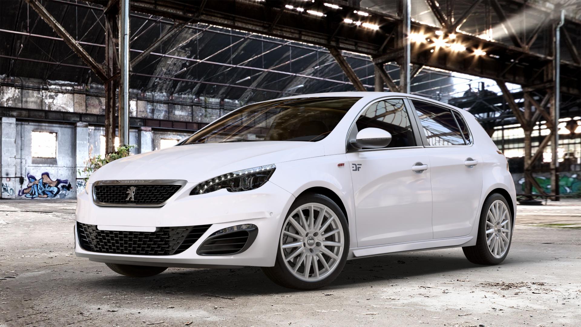 CMS C23 Racing Silver Felge mit Reifen silber in 18Zoll Winterfelge Alufelge auf weissem Peugeot 308 II Typ L Facelift ⬇️ mit 15mm Tieferlegung ⬇️ Old Industrial Hall_max_4400mm_2024 Frontansicht_1