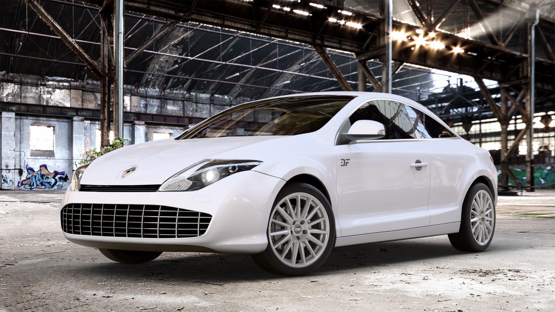 CMS C23 Racing Silver Felge mit Reifen silber in 18Zoll Winterfelge Alufelge auf weissem Renault Laguna III Coupé Typ T ⬇️ mit 15mm Tieferlegung ⬇️ Old Industrial Hall_max_4400mm_2024 Frontansicht_1