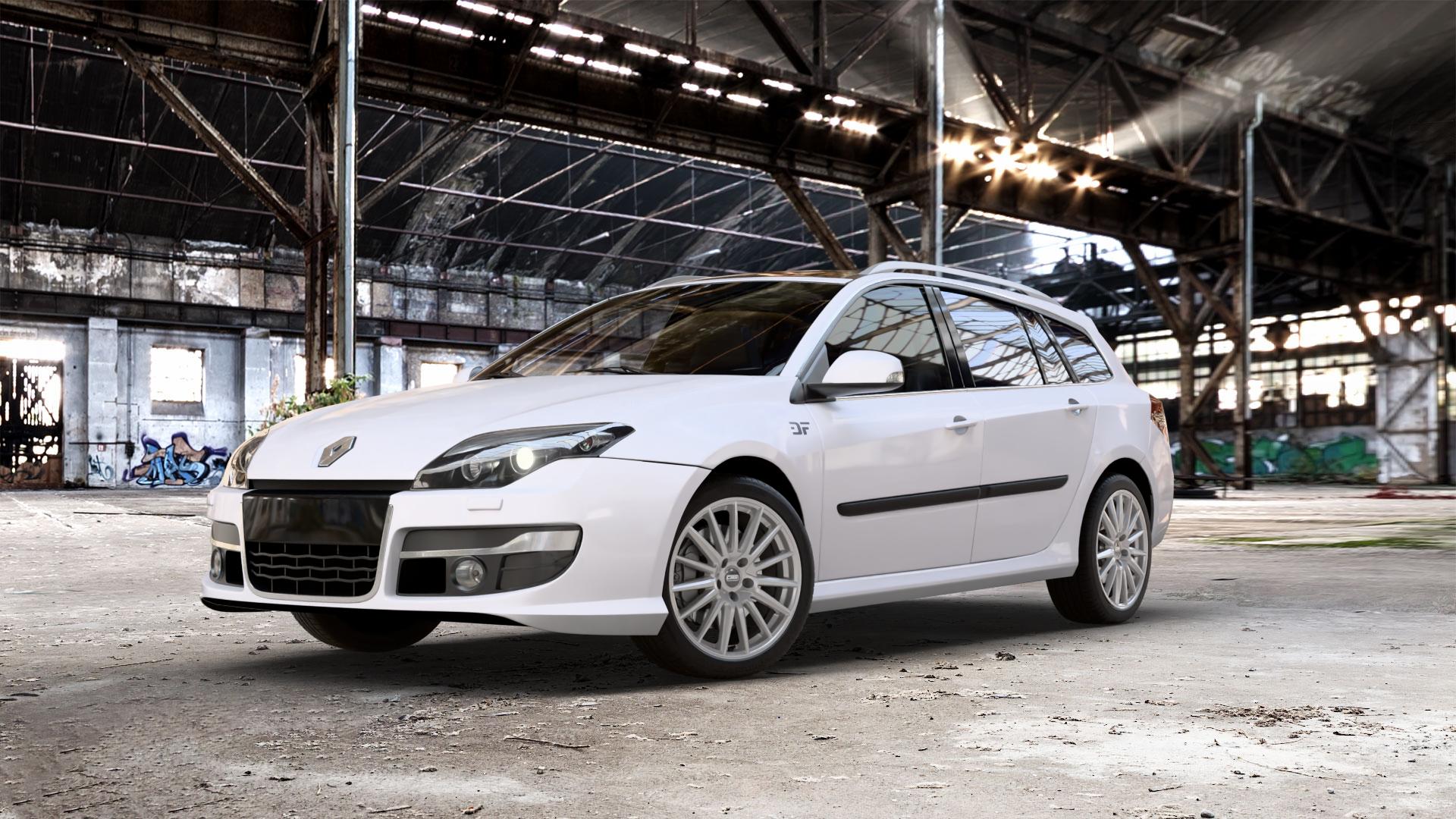 CMS C23 Racing Silver Felge mit Reifen silber in 18Zoll Winterfelge Alufelge auf weissem Renault Laguna III Grandtour Typ T ⬇️ mit 15mm Tieferlegung ⬇️ Old Industrial Hall_max_5300mm_2024 Frontansicht_1