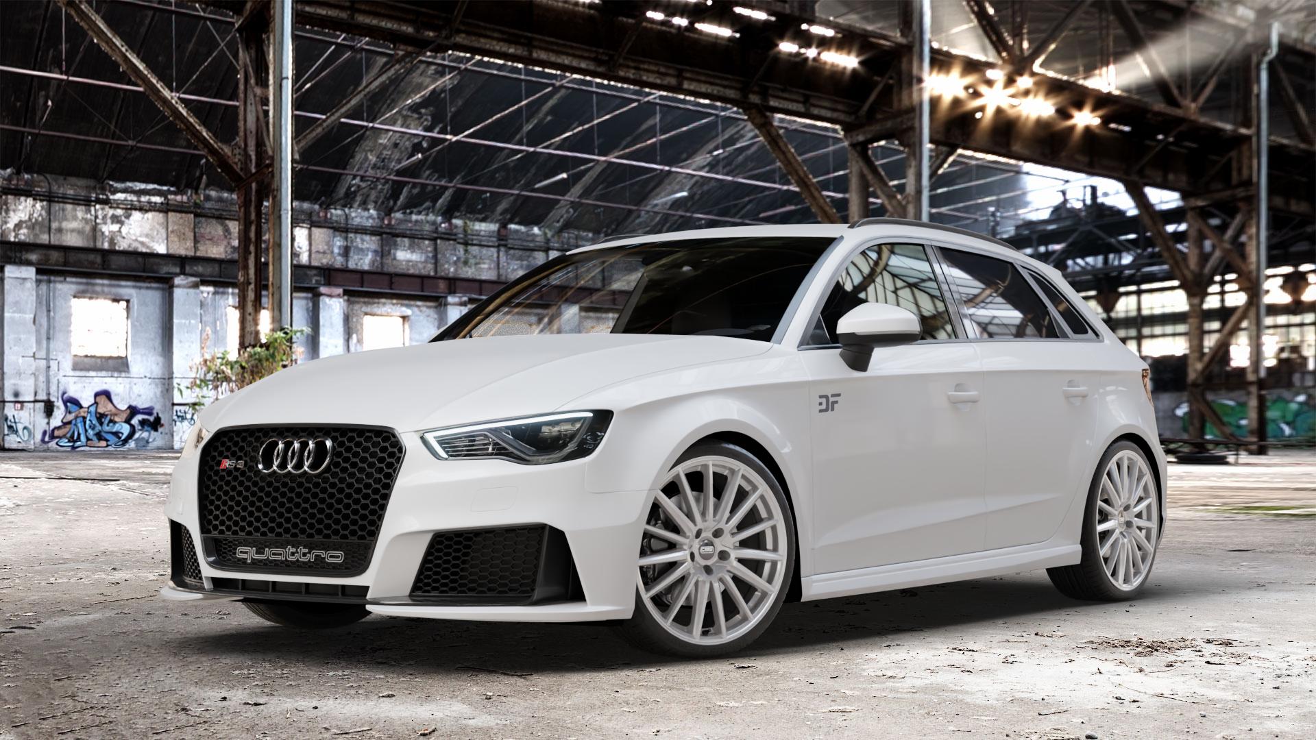CMS C23 Racing Silver Felge mit Reifen silber in 19Zoll Winterfelge Alufelge auf weissem Audi A3 Typ 8V (Sportback) 2,5l TFSI quattro 270kW RS3 (367 PS) Facelift 294kW (400 ⬇️ mit 15mm Tieferlegung ⬇️ Old Industrial Hall_max_4400mm_2024 Frontansicht_1