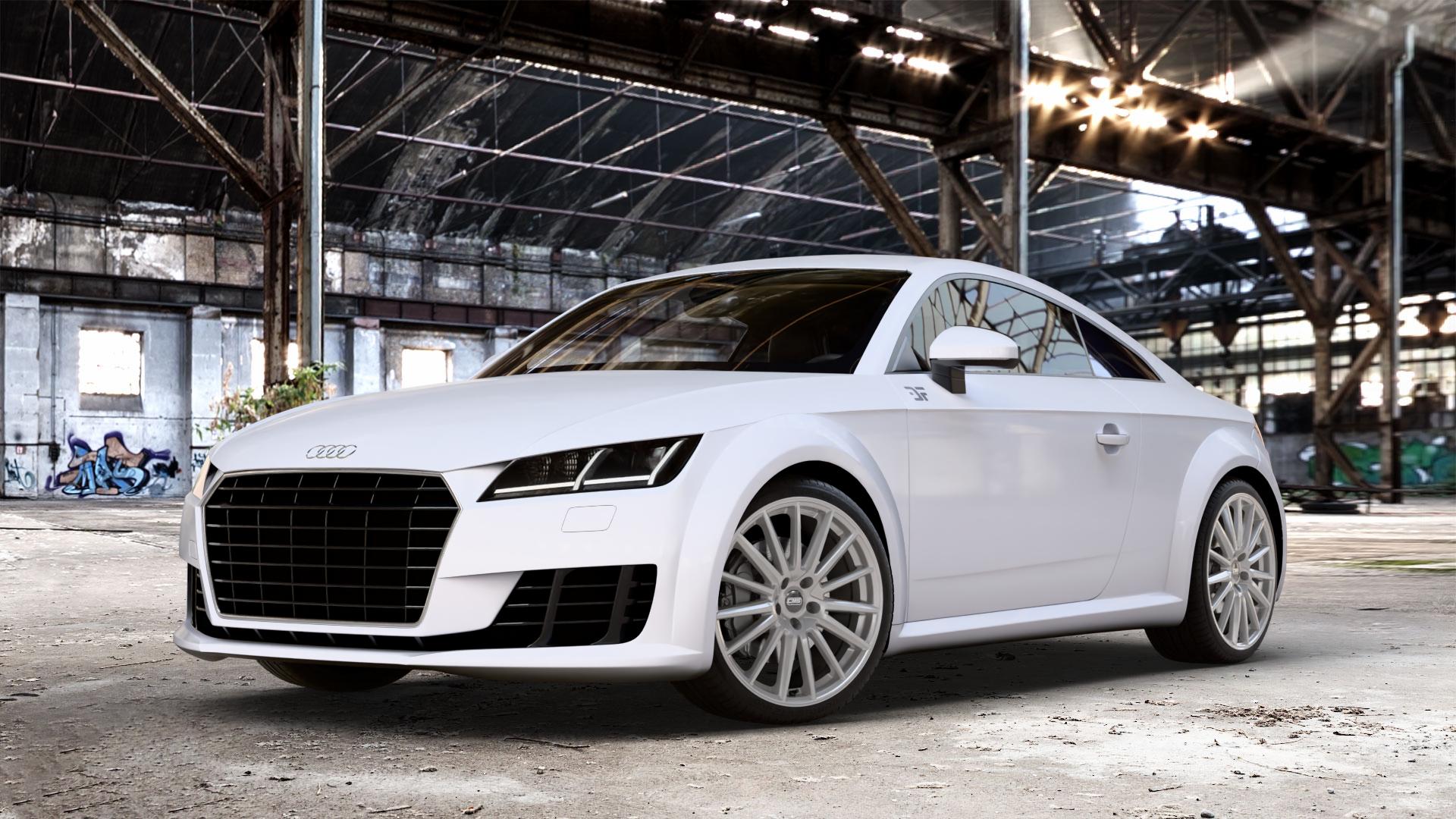 CMS C23 Racing Silver Felge mit Reifen silber in 19Zoll Winterfelge Alufelge auf weissem Audi TT III Typ 8S (Coupé) (Roadster) ⬇️ mit 15mm Tieferlegung ⬇️ Old Industrial Hall_max_4400mm_2024 Frontansicht_1