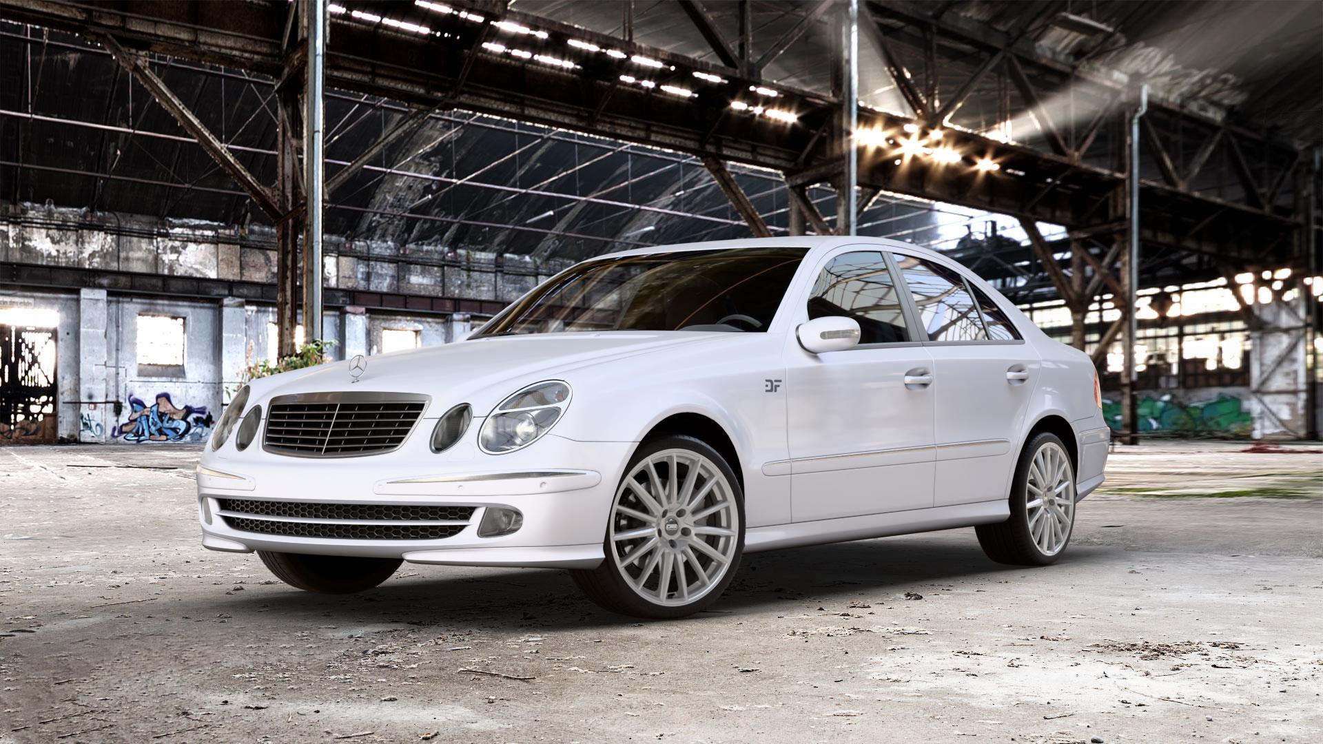 CMS C23 Racing Silver Felge mit Reifen silber in 19Zoll Winterfelge Alufelge auf weissem Mercedes E-Klasse Typ W211 Limousine ⬇️ mit 15mm Tieferlegung ⬇️ Old Industrial Hall_max_5300mm_2024 Frontansicht_1