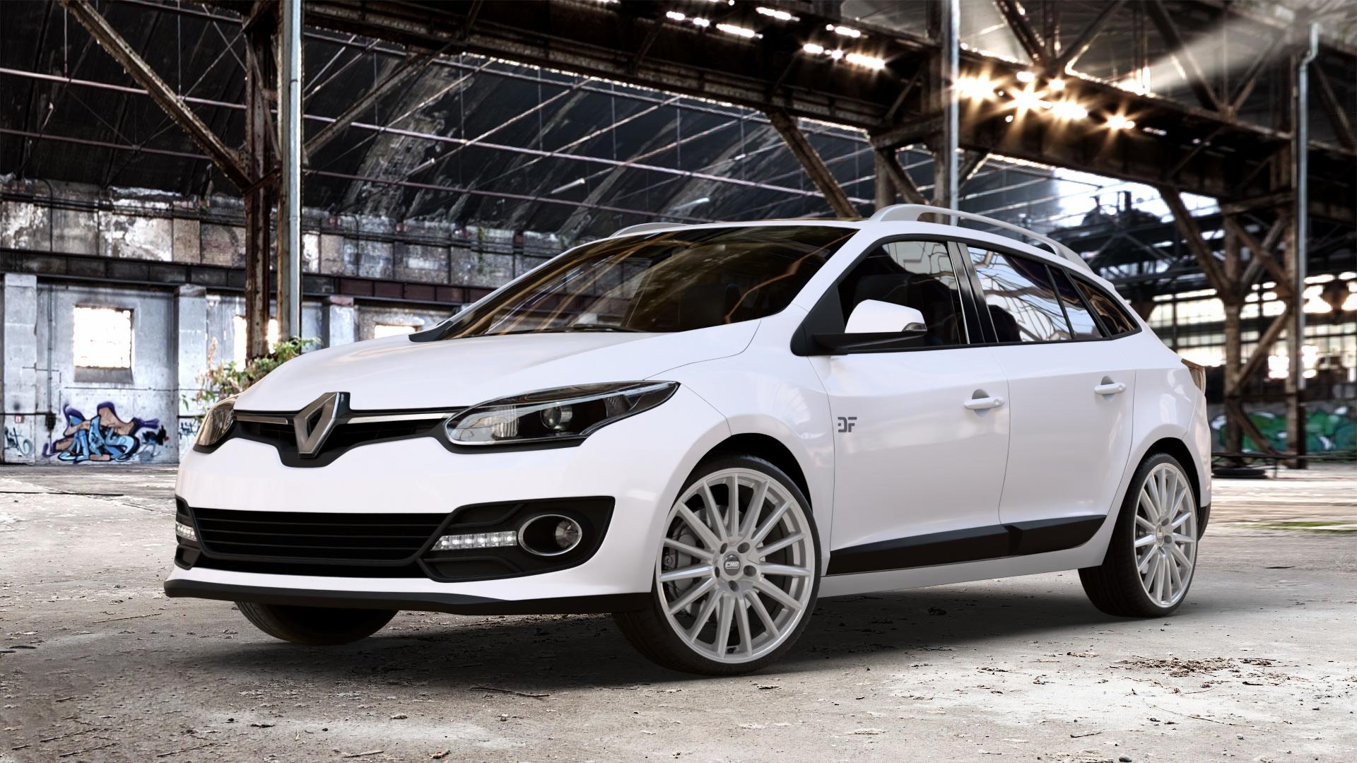 CMS C23 Racing Silver Felge mit Reifen silber in 19Zoll Winterfelge Alufelge auf weissem Renault Megane III Grandtour Typ Z ⬇️ mit 15mm Tieferlegung ⬇️ Old Industrial Hall_max_4400mm_2024 Frontansicht_1