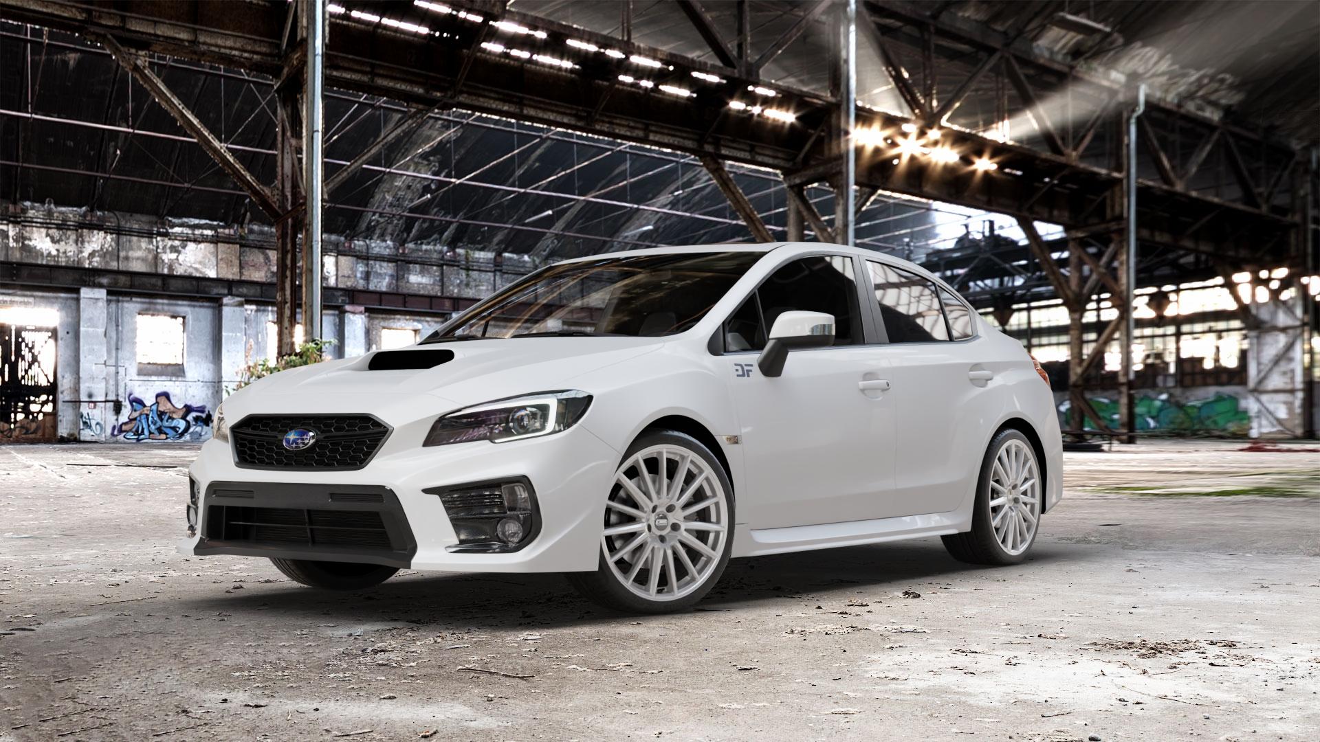 CMS C23 Racing Silver Felge mit Reifen silber in 19Zoll Winterfelge Alufelge auf weissem Subaru WRX Typ V1 Model 2018 ⬇️ mit 15mm Tieferlegung ⬇️ Old Industrial Hall_max_5300mm_2024 Frontansicht_1