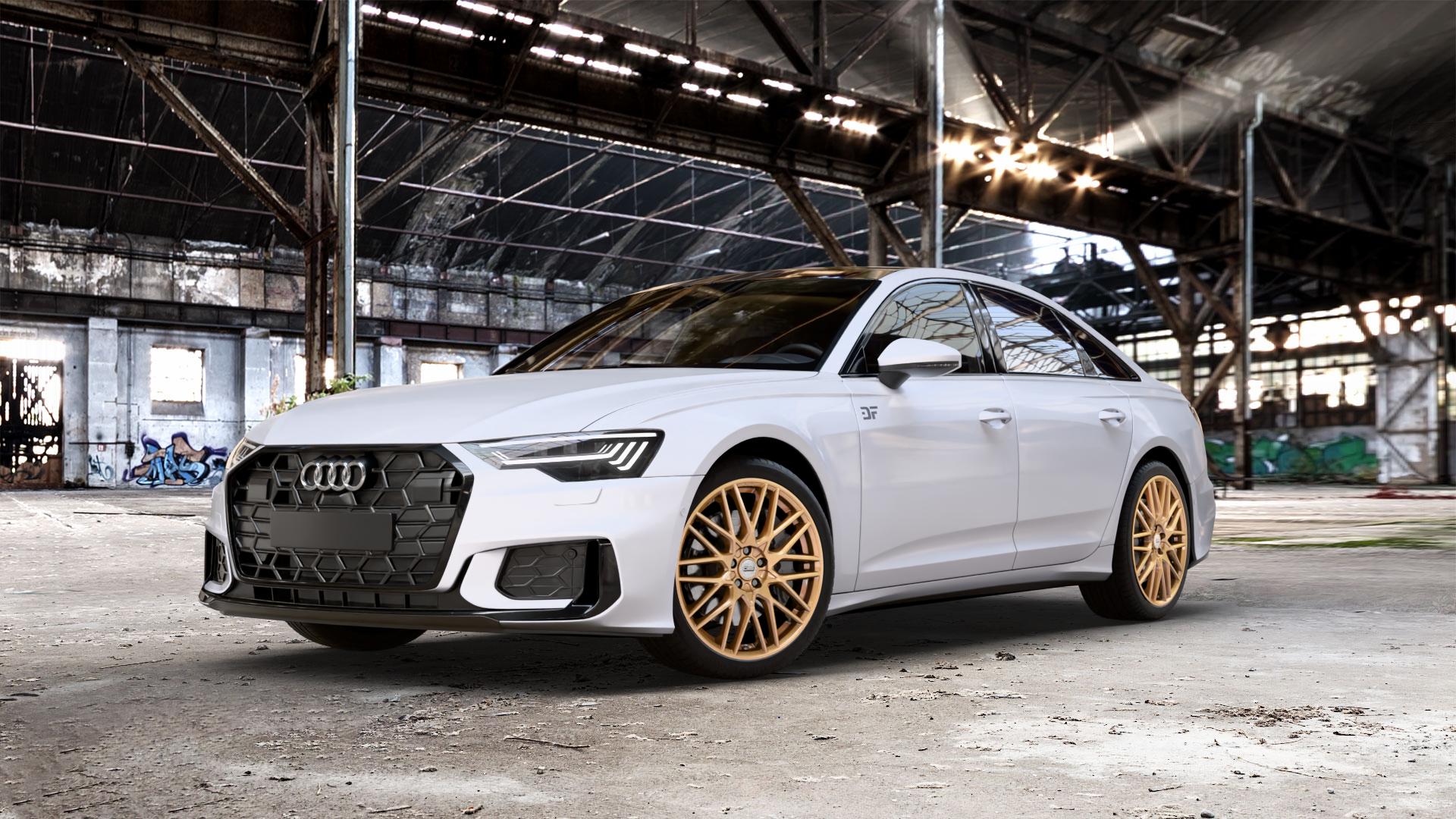 CMS C25 Complete GOLD Gloss Felge mit Reifen gold metallic in 20Zoll Winterfelge Alufelge auf weissem Audi A6 Typ F2/C8 (Limousine) Facelift ⬇️ mit 15mm Tieferlegung ⬇️ Old Industrial Hall_max_5300mm_2024 Frontansicht_1