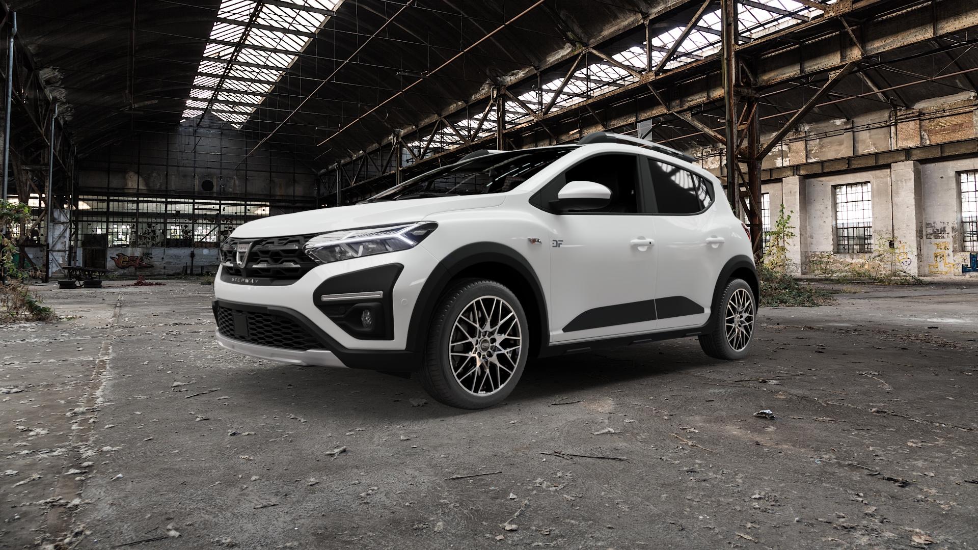 CMS C25 Diamond Black Gloss Felge mit Reifen silber schwarz in 17Zoll Winterfelge Alufelge auf weissem Dacia Sandero Stepway III Typ DJF ⬇️ mit 15mm Tieferlegung ⬇️ Old Industrial Hall_max5000mm_2022 Frontansicht_1
