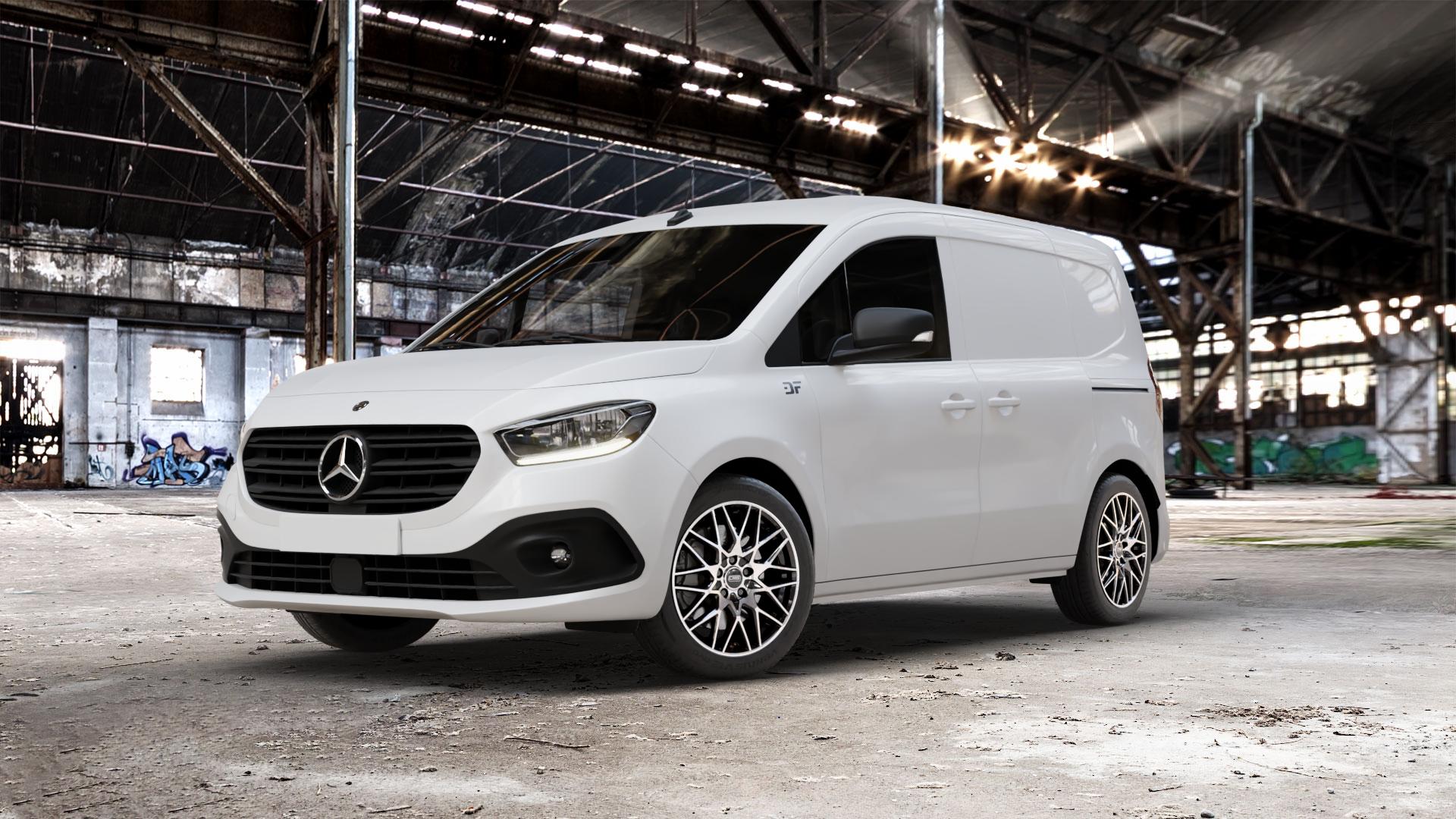CMS C25 Diamond Black Gloss Felge mit Reifen silber schwarz in 17Zoll Winterfelge Alufelge auf weissem Mercedes Citan Kasten Typ W420 ⬇️ mit 15mm Tieferlegung ⬇️ Old Industrial Hall_max_5300mm_2024 Frontansicht_1
