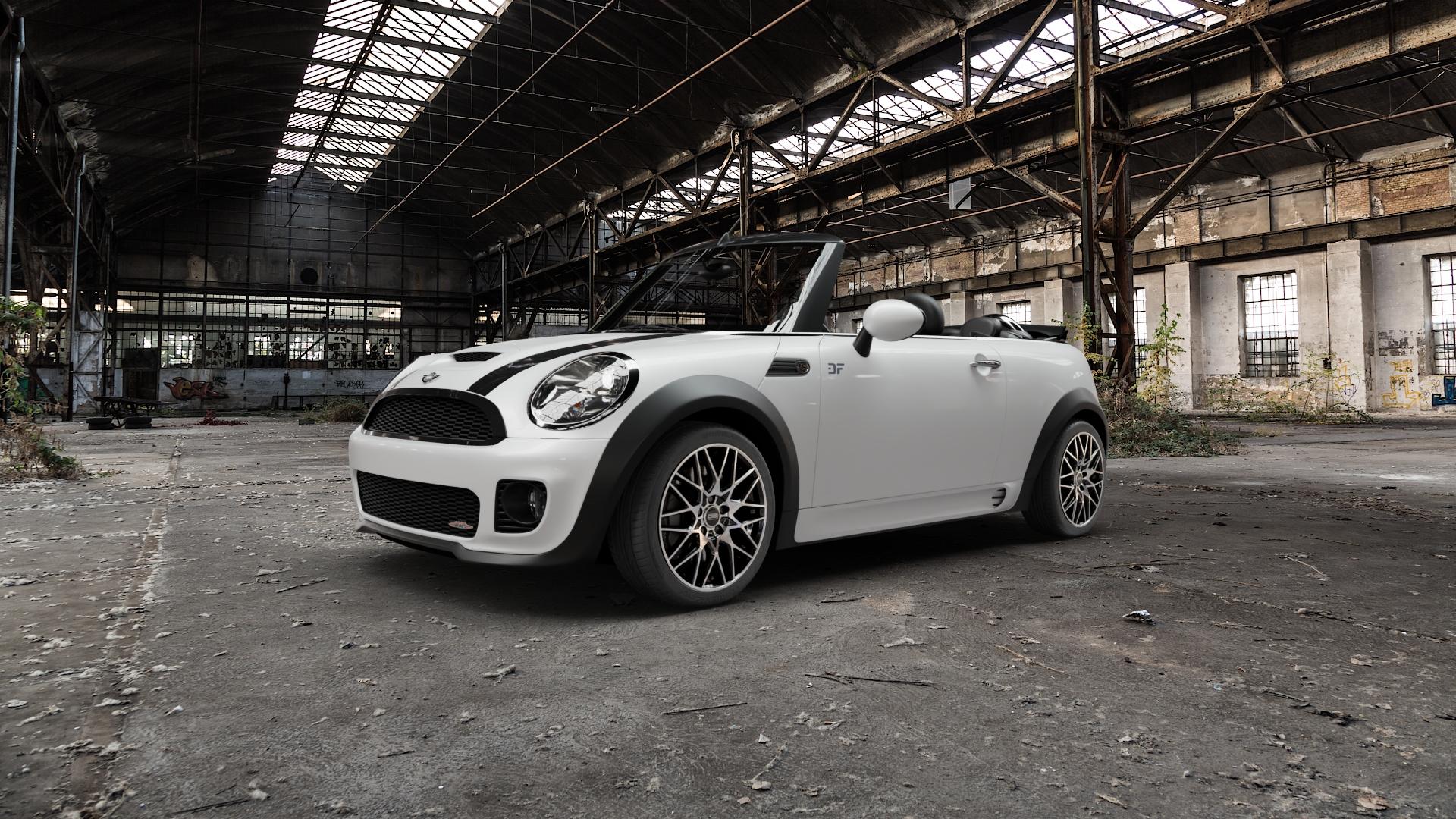 CMS C25 Diamond Black Gloss Felge mit Reifen silber schwarz in 17Zoll Winterfelge Alufelge auf weissem Mini R57 Typ UKL-C (Cabriolet) 1,6l JCW 155kW (211 PS) MINI-N ⬇️ mit 15mm Tieferlegung ⬇️ Old Industrial Hall_max5000mm_2022 Frontansicht_1