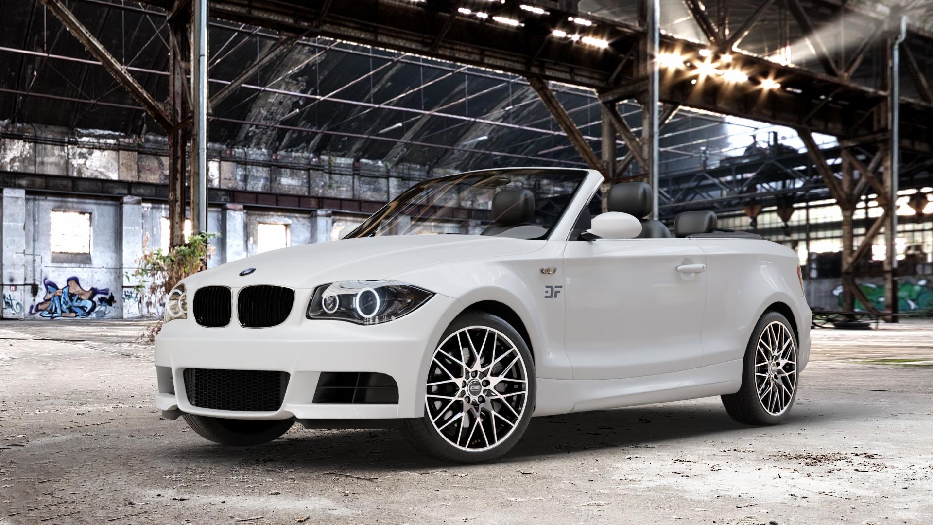 CMS C25 Diamond Black Gloss Felge mit Reifen silber schwarz in 18Zoll Winterfelge Alufelge auf weissem BMW 118i Typ E88 (Cabriolet) 120d 120i 125i 135i 123d 118d 1er Cabrio (182, 1C) ⬇️ mit 15mm Tieferlegung ⬇️ Old Industrial Hall_max_4400mm_2024 Frontansicht_1