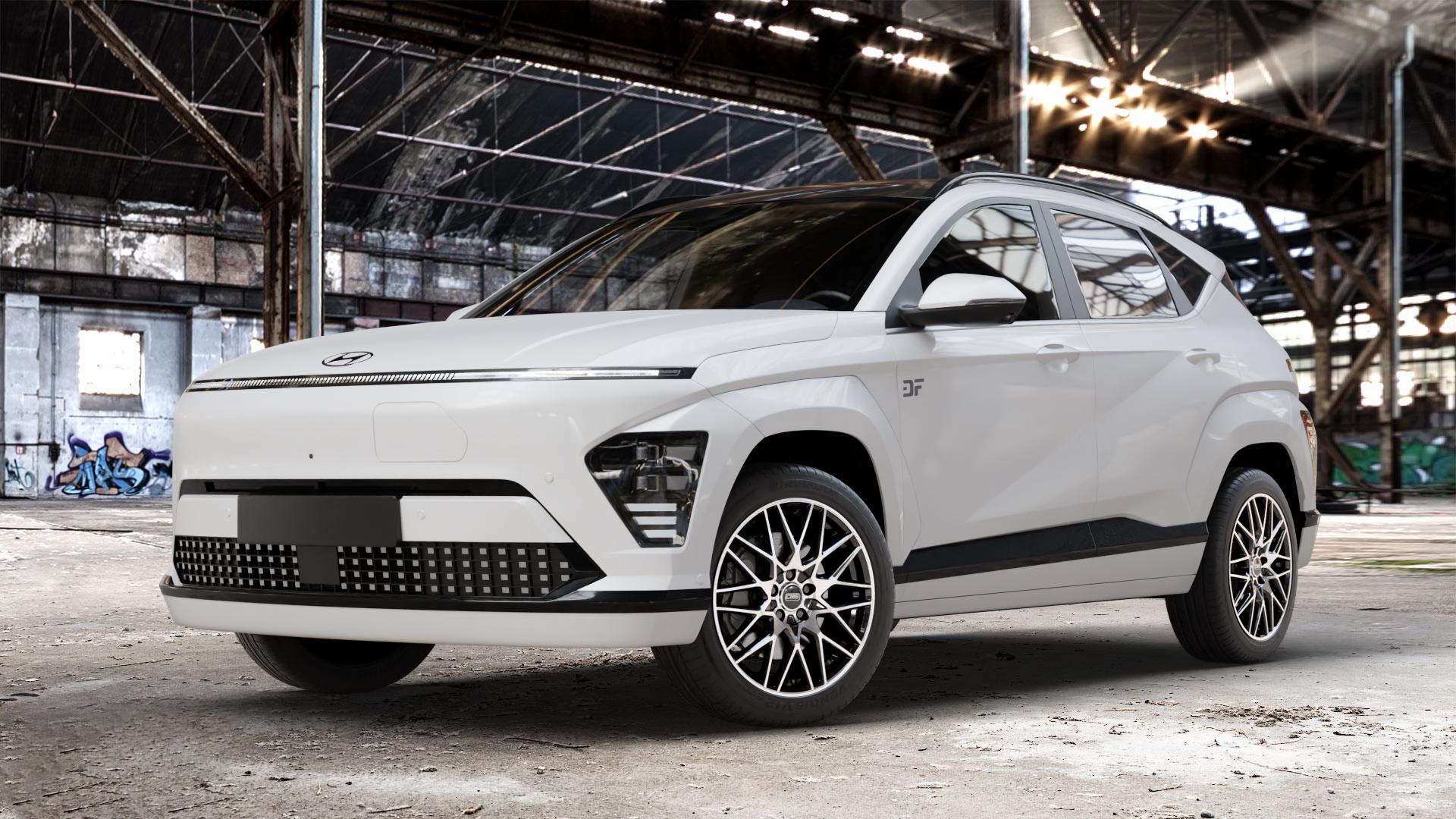 CMS C25 Diamond Black Gloss Felge mit Reifen silber schwarz in 18Zoll Winterfelge Alufelge auf weissem Hyundai Kona Elektro Typ SX2E ⬇️ mit 15mm Tieferlegung ⬇️ Old Industrial Hall_max_4400mm_2024 Frontansicht_1