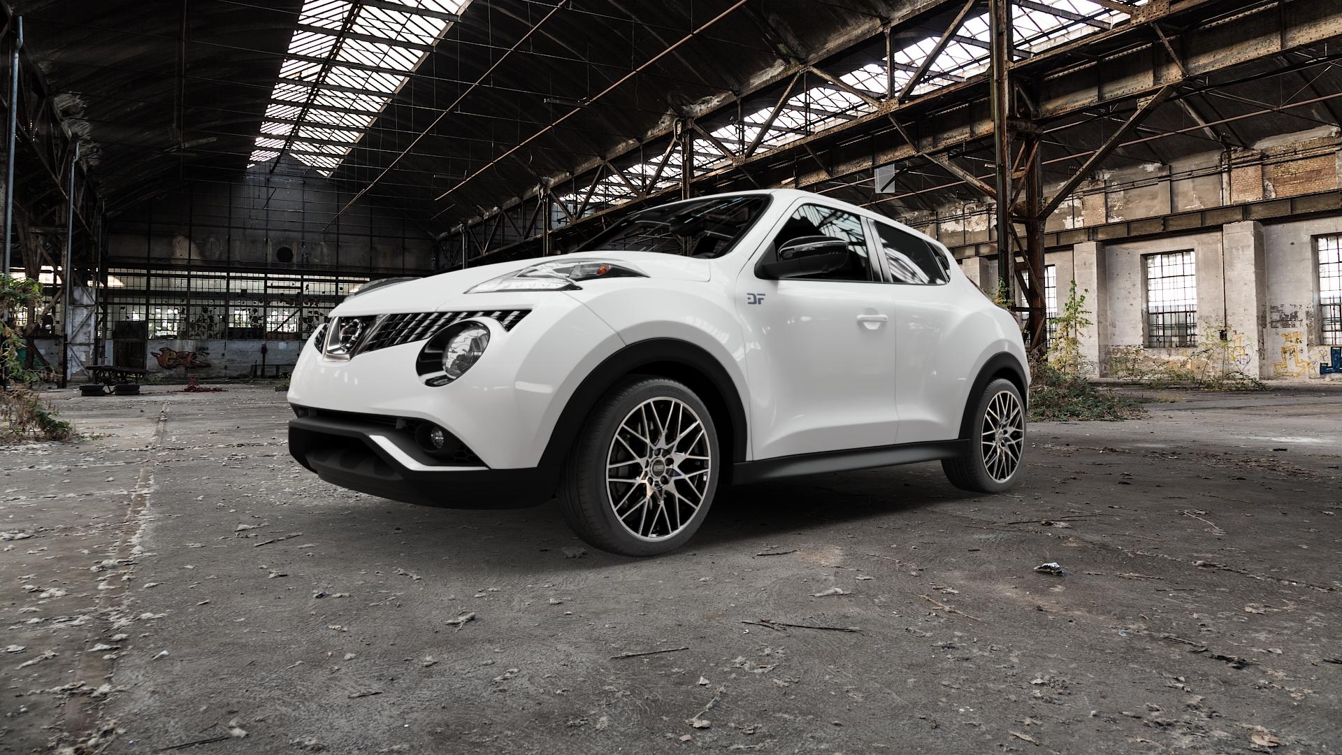 CMS C25 Diamond Black Gloss Felge mit Reifen silber schwarz in 18Zoll Winterfelge Alufelge auf weissem Nissan Juke Typ F15 Facelift ⬇️ mit 15mm Tieferlegung ⬇️ Old Industrial Hall_max5000mm_2022 Frontansicht_1