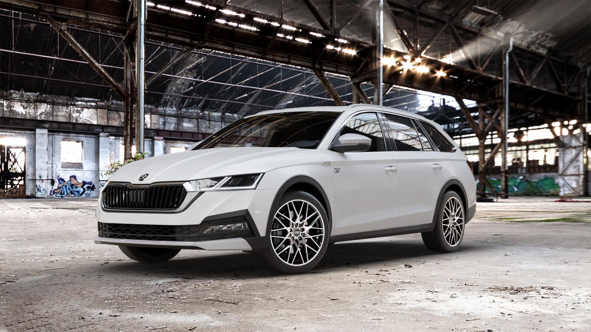 CMS C25 Diamond Black Gloss Felge mit Reifen silber schwarz in 18Zoll Winterfelge Alufelge auf weissem Skoda Octavia IV Scout Typ NX ⬇️ mit 15mm Tieferlegung ⬇️ Old Industrial Hall_max_5300mm_2024 Frontansicht_1