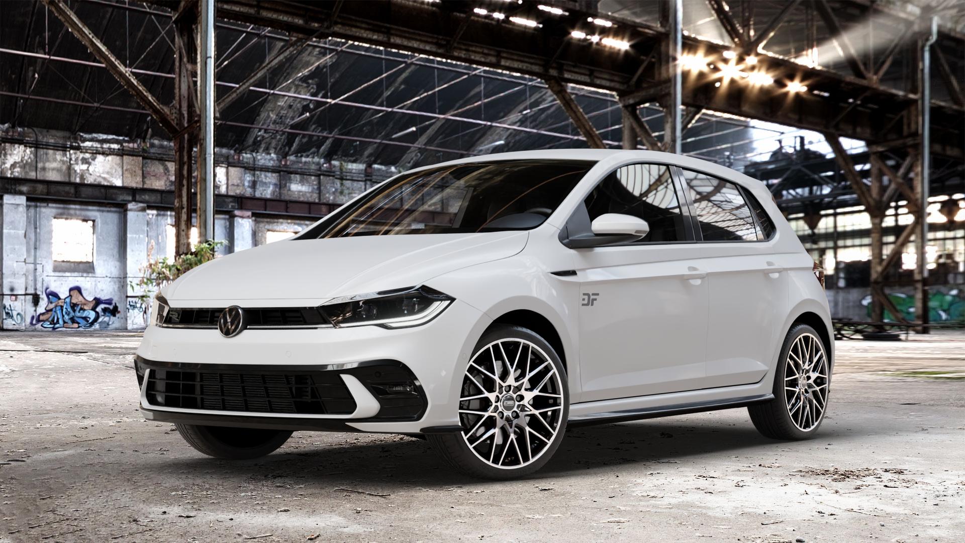 CMS C25 Diamond Black Gloss Felge mit Reifen silber schwarz in 18Zoll Winterfelge Alufelge auf weissem Volkswagen (VW) Polo VI Typ AW Facelift 1,0l TGI 66kW (90 PS) TSI 81kW (110 70kW (95 MPI 59kW (80 ⬇️ mit 15mm Tieferlegung ⬇️ Old Industrial Hall_max_4400mm_2024 Frontansicht_1