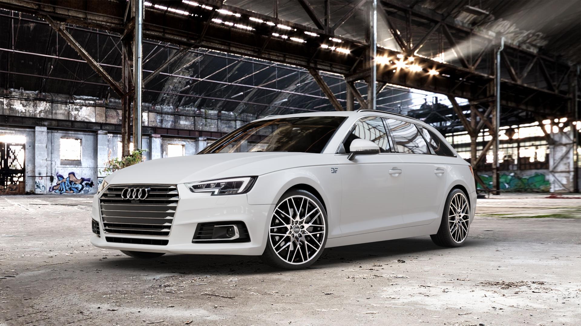 CMS C25 Diamond Black Gloss Felge mit Reifen silber schwarz in 19Zoll Winterfelge Alufelge auf weissem Audi A4 Typ B9 (Avant) ⬇️ mit 15mm Tieferlegung ⬇️ Old Industrial Hall_max_5300mm_2024 Frontansicht_1