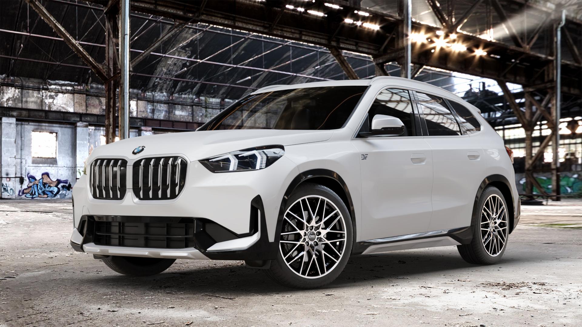 CMS C25 Diamond Black Gloss Felge mit Reifen silber schwarz in 19Zoll Winterfelge Alufelge auf weissem BMW X1 Typ U11 (U1X) ⬇️ mit 15mm Tieferlegung ⬇️ Old Industrial Hall_max_4400mm_2024 Frontansicht_1