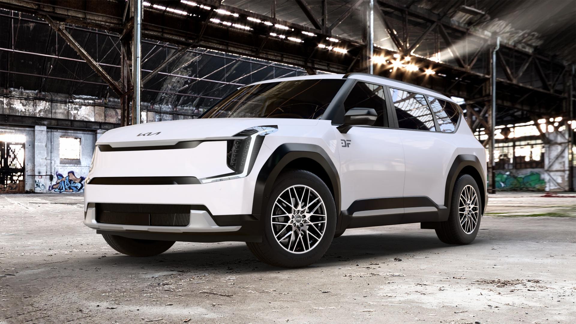 CMS C25 Diamond Black Gloss Felge mit Reifen silber schwarz in 19Zoll Winterfelge Alufelge auf weissem Kia EV9 Typ MV1 0,0l 100kW AWD (136 PS) 53kW (72 113kW GT Line (154 ⬇️ mit 15mm Tieferlegung ⬇️ Old Industrial Hall_max_5300mm_2024 Frontansicht_1