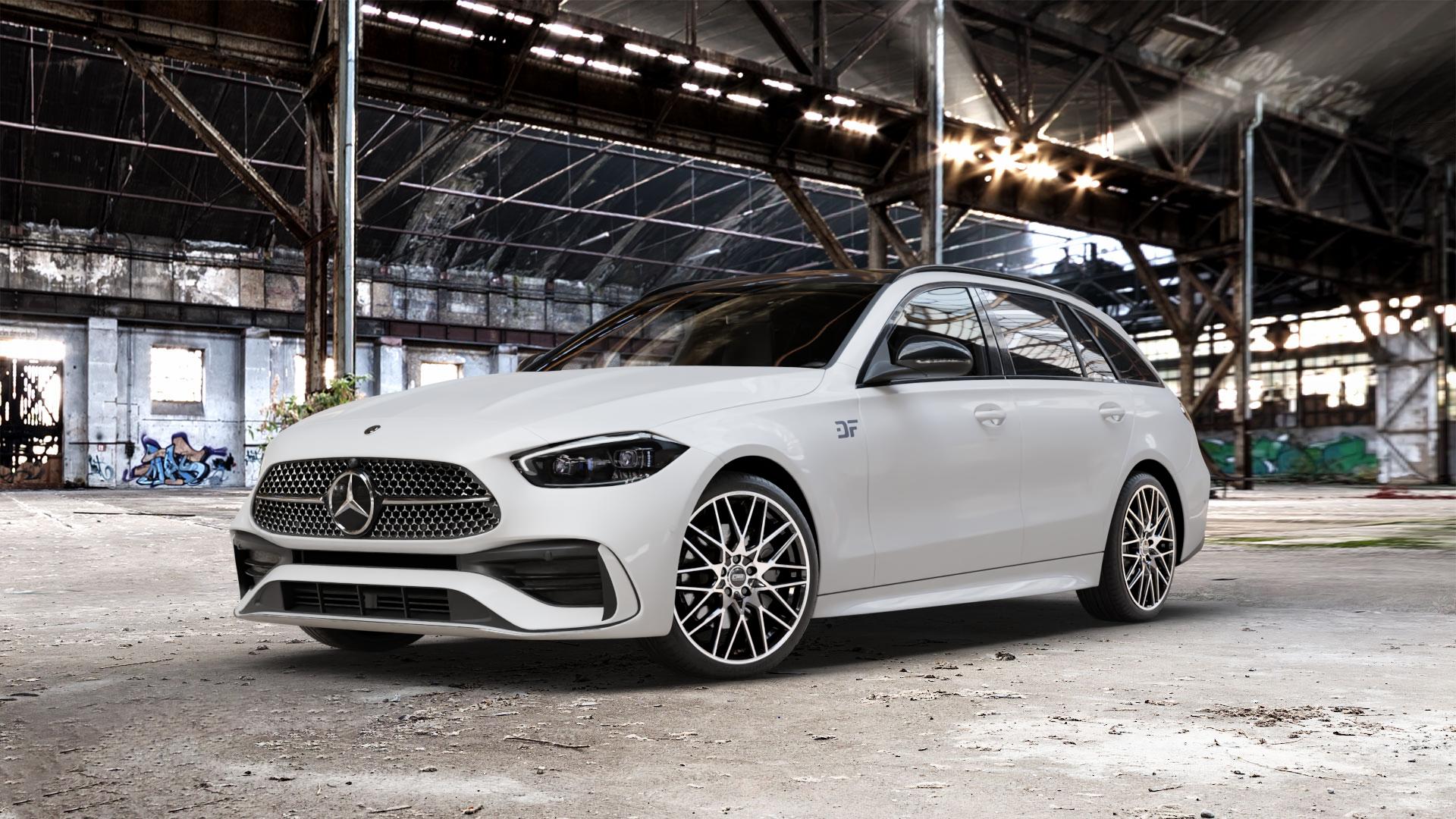 CMS C25 Diamond Black Gloss Felge mit Reifen silber schwarz in 19Zoll Winterfelge Alufelge auf weissem Mercedes C-Klasse Typ S206 Kombi ⬇️ mit 15mm Tieferlegung ⬇️ Old Industrial Hall_max_5300mm_2024 Frontansicht_1