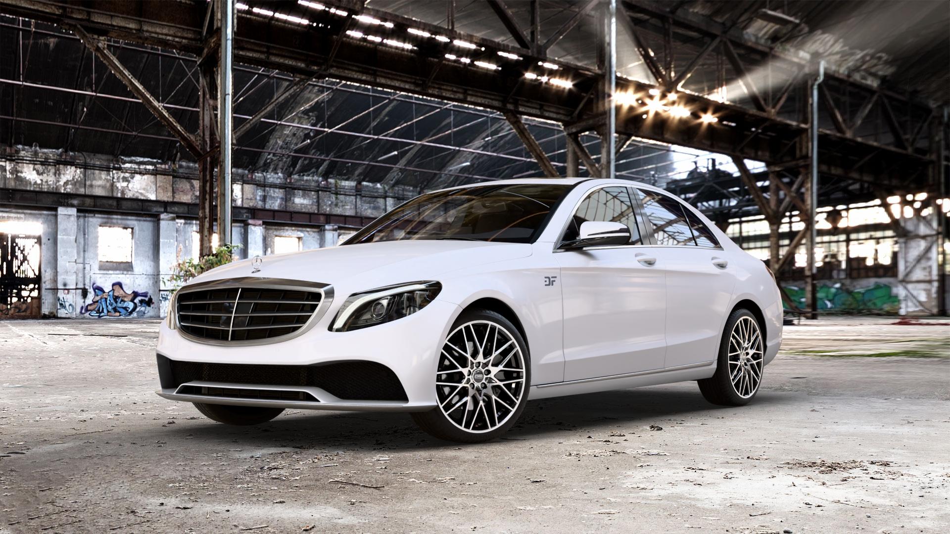 CMS C25 Diamond Black Gloss Felge mit Reifen silber schwarz in 19Zoll Winterfelge Alufelge auf weissem Mercedes C-Klasse Typ W205 Limousine Facelift ⬇️ mit 15mm Tieferlegung ⬇️ Old Industrial Hall_max_5300mm_2024 Frontansicht_1